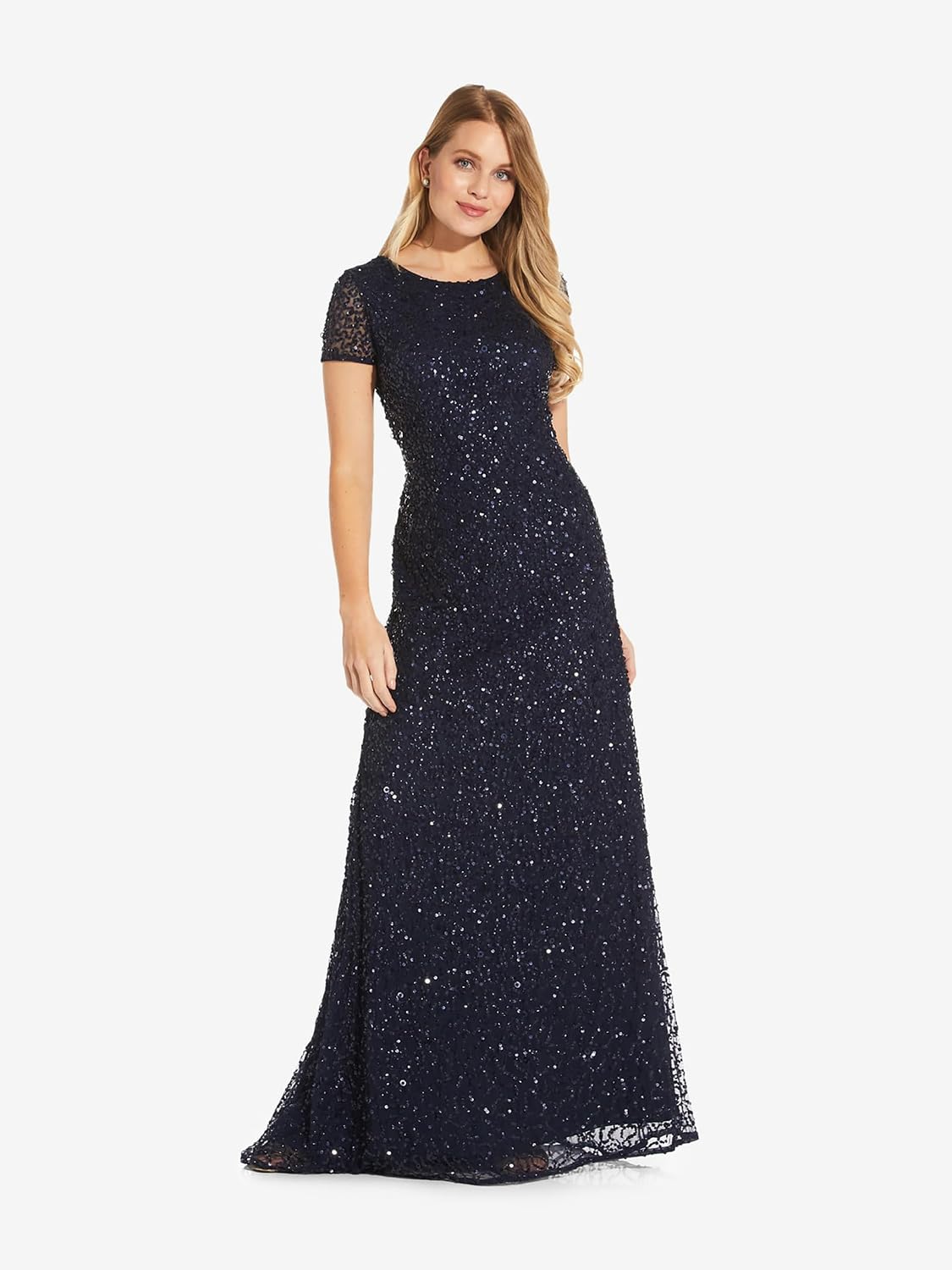 Adrianna Papell Womens Short-Sleeve All Over Sequin Gown