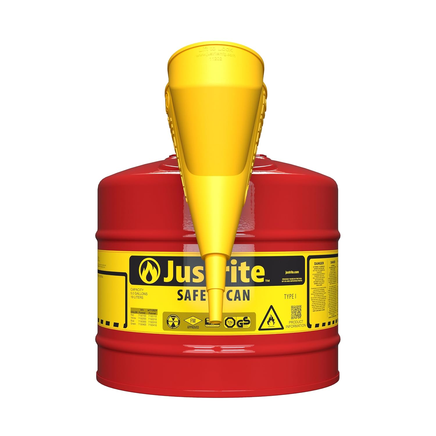 Justrite 7150112 Safety Can with Funnel, 5 Gallon Capacity, Red