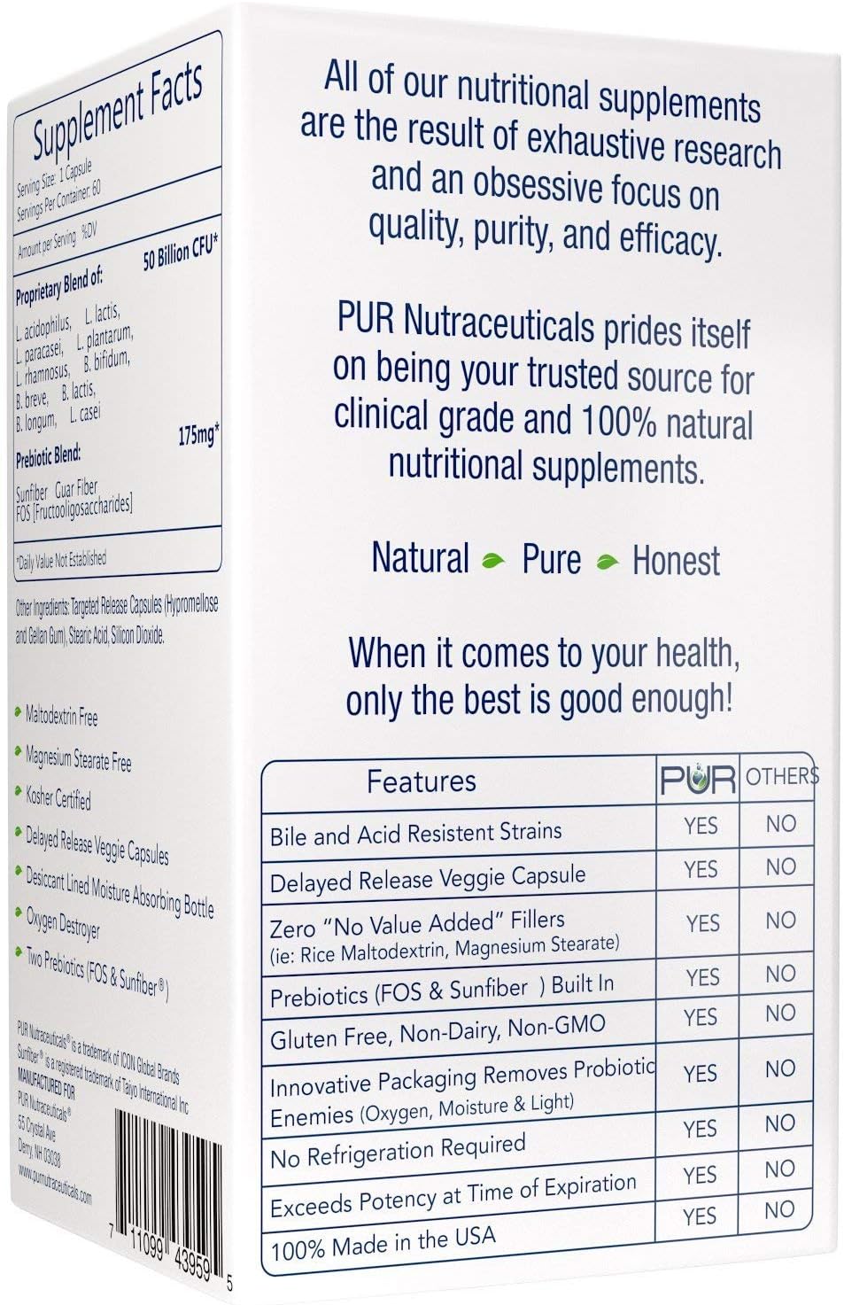 Clinical Grade Probiotics, 50 Billion CFUs, 60 Capsules | 10 Strains, Built-In Prebiotic, 2 Month Supply, All Natural, 100% Made in USA