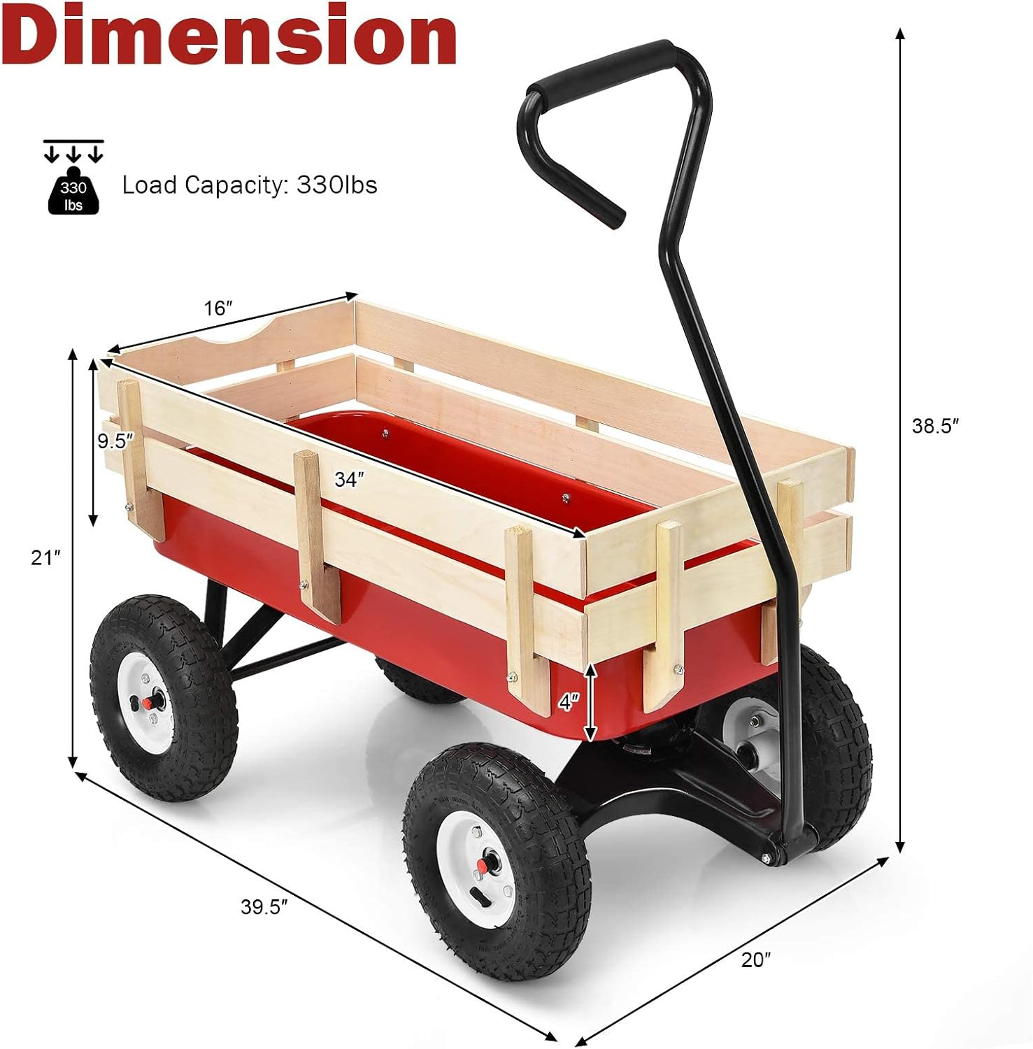 ReunionG Garden Cart with Free-Rotating Wood Railing, Kids Outdoor Wagon with Rubber Wheels, All Terrain Cargo Wagon with 330lbs Weight Capacity, Red