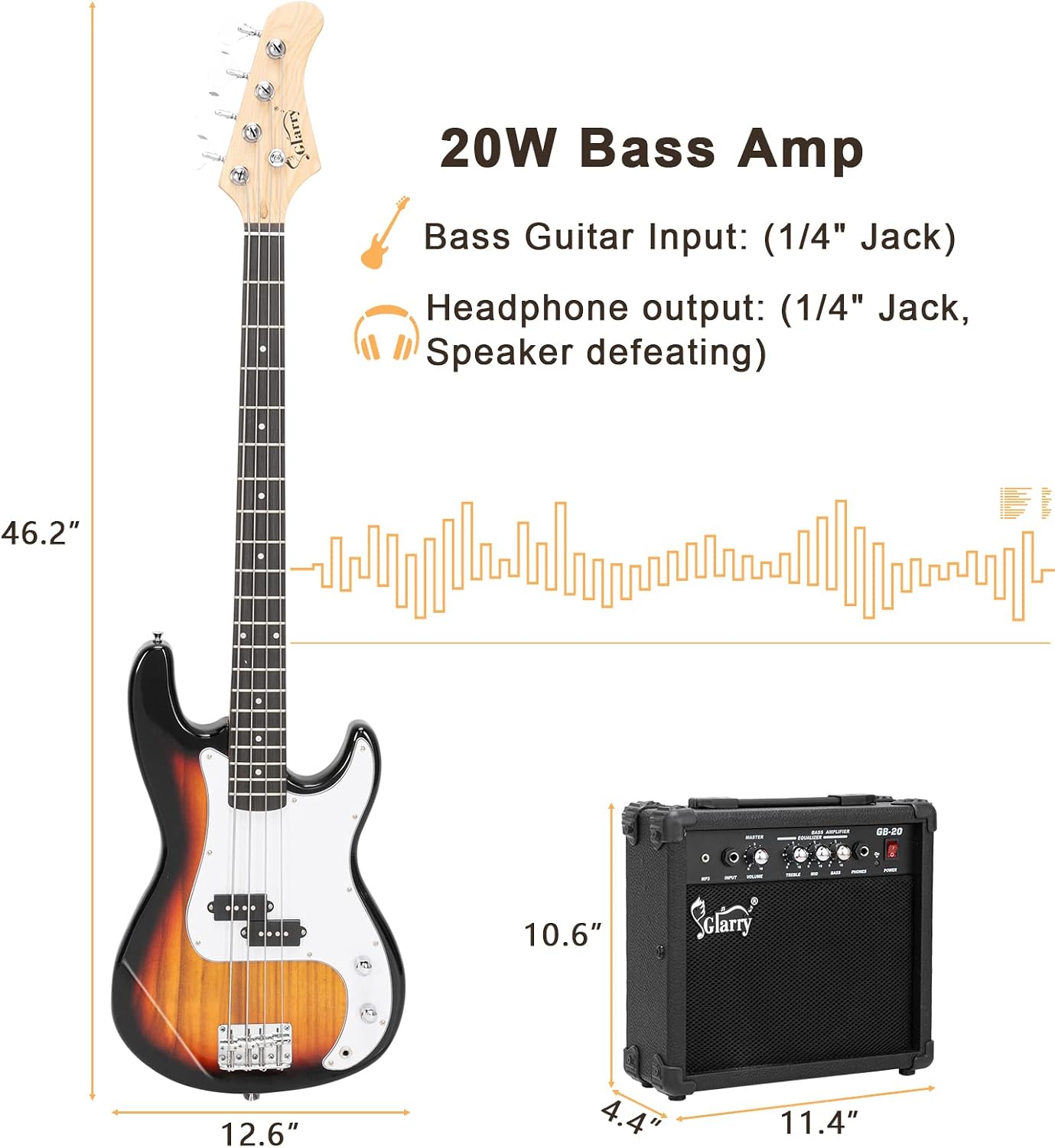 GLARRY Full Size Electric Bass Guitar Beginner Kit 4 String Exquisite Basswood Bass with 20W AMP, Cable, Strap, Bag and Accessories (Transparent Blue, 39"Right Handed)