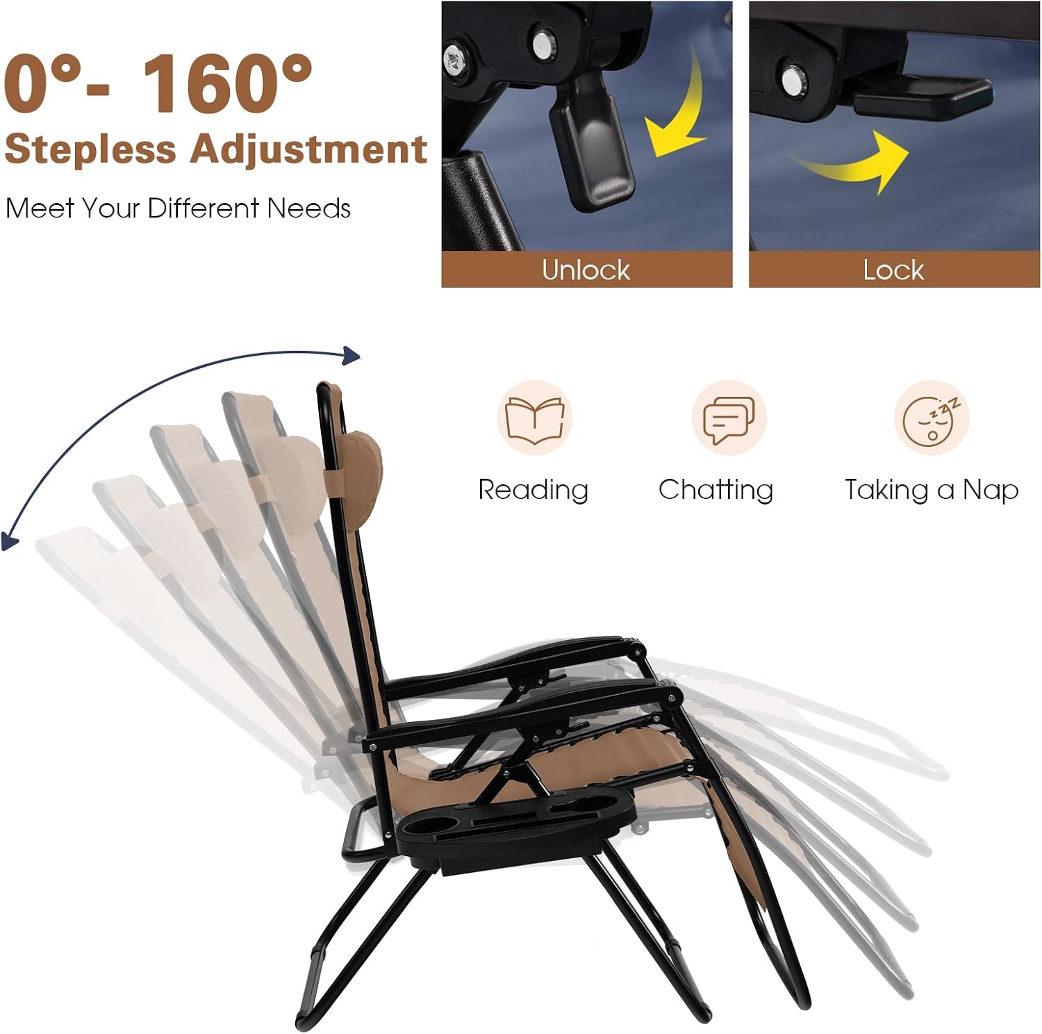 Goplus Zero Gravity Lounge Chairs, 160°Adjustable Folding Recliner w/Pillow and Cup Holder, 350LBS Comfy Outdoor Lounge Chairs for Patio, Lawn, Yard & Camp(1, Gray)