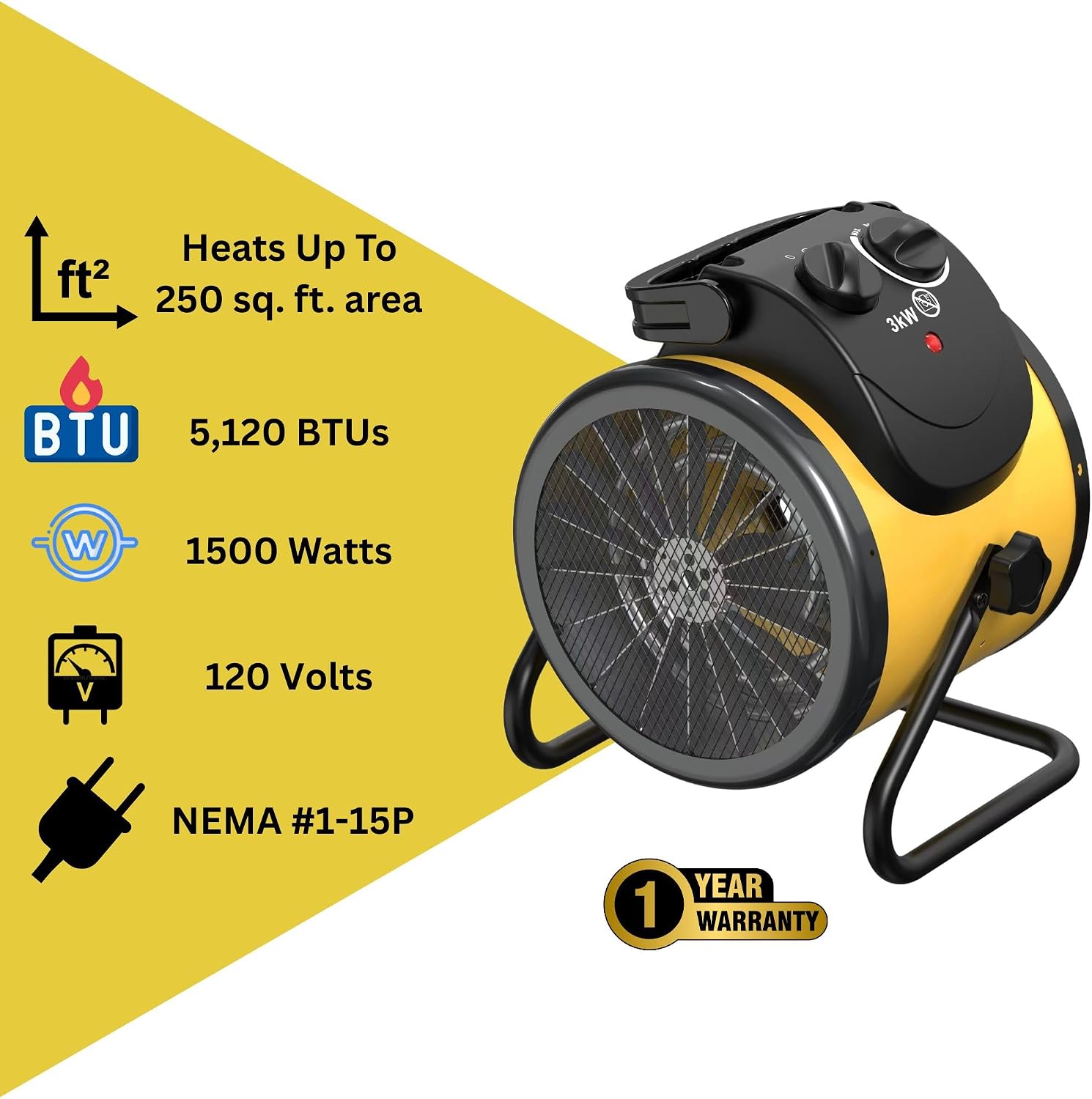 Dura Heat Electric Forced Air Heater, 5, 120 BTU- EUH1500 | Workspace Heater, Steel Body, Thermostat, Heats up to 250 sq ft, Overheat Shut Off