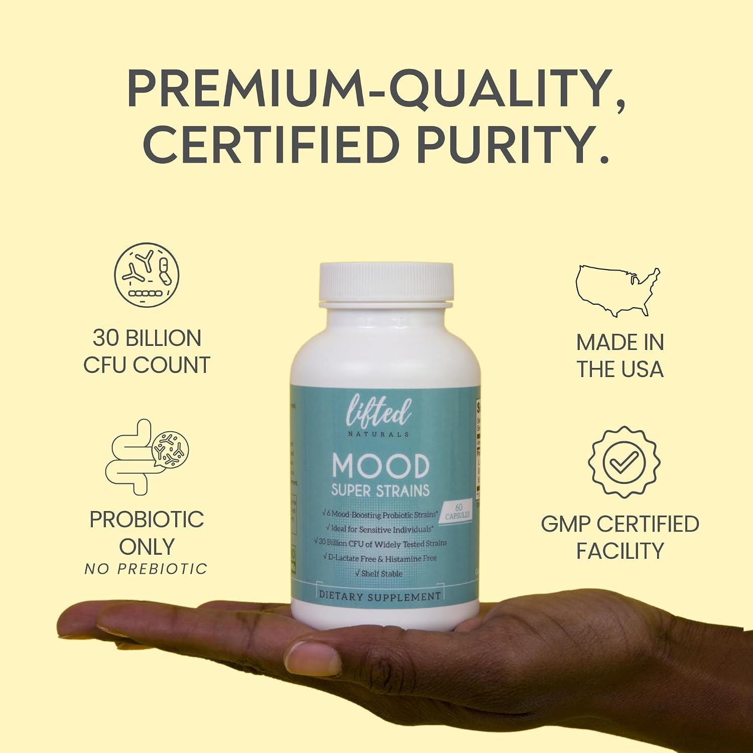Probiotics - Mood Super Strains Probiotic - Naturally Supports Digestion & Mood - Histamine-Free Probiotics w/ L Rhamnosus GG