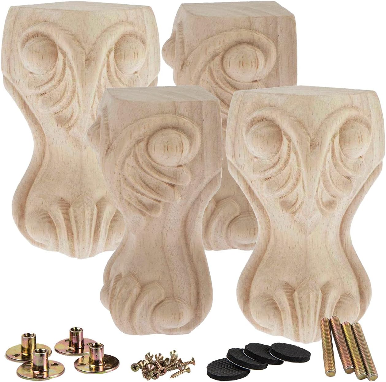 La Vane 6 inch / 15cm Wooden Furniture Legs, Set of 4 European Style Solid Wood Carving Furniture Replacement Feet Decoration for Sofa Cabinet Wardrobe Table Loveseat