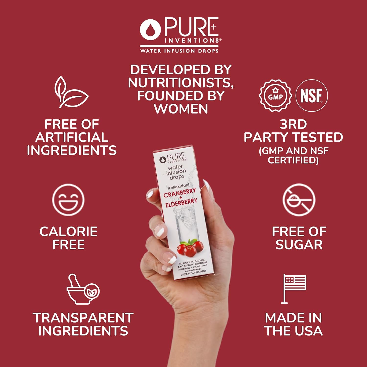 Pure Inventions Water Enhancer Drops - Refreshing and Delicious - Antioxidants, Electrolytes - No Sugar, Calories, or Artificial Sweeteners - Cranberry and Elderberry (60 Servings)