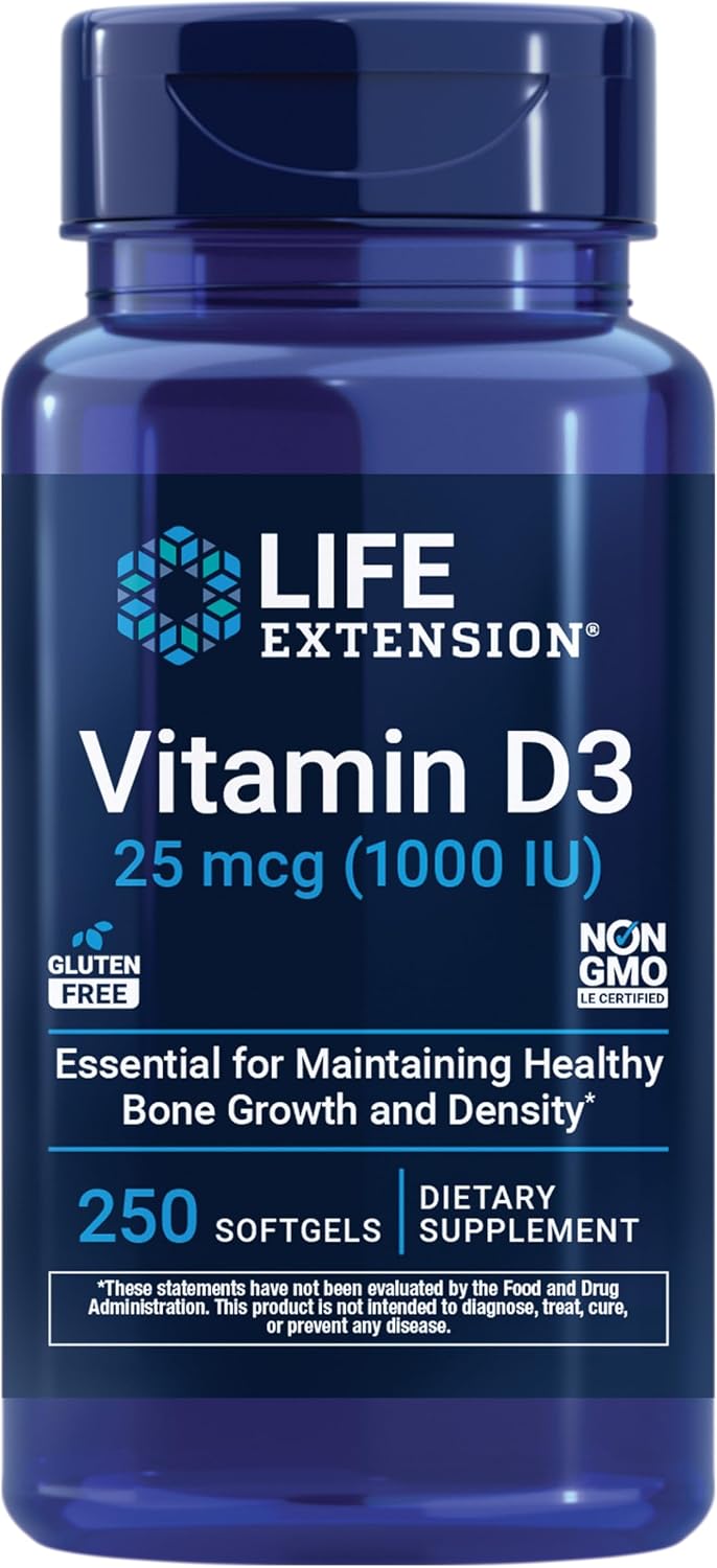 Life Extension Vitamin D3 25 mcg (1000 IU), Immune System Support, Bone Health, Whole-Body Health, Value Size, Gluten-Free, Non-GMO, 250 softgels | Bone Health, Cognitive Health & Immune System Support, Gluten-Free & Non-GMO, Once Daily for a Two-Month S…