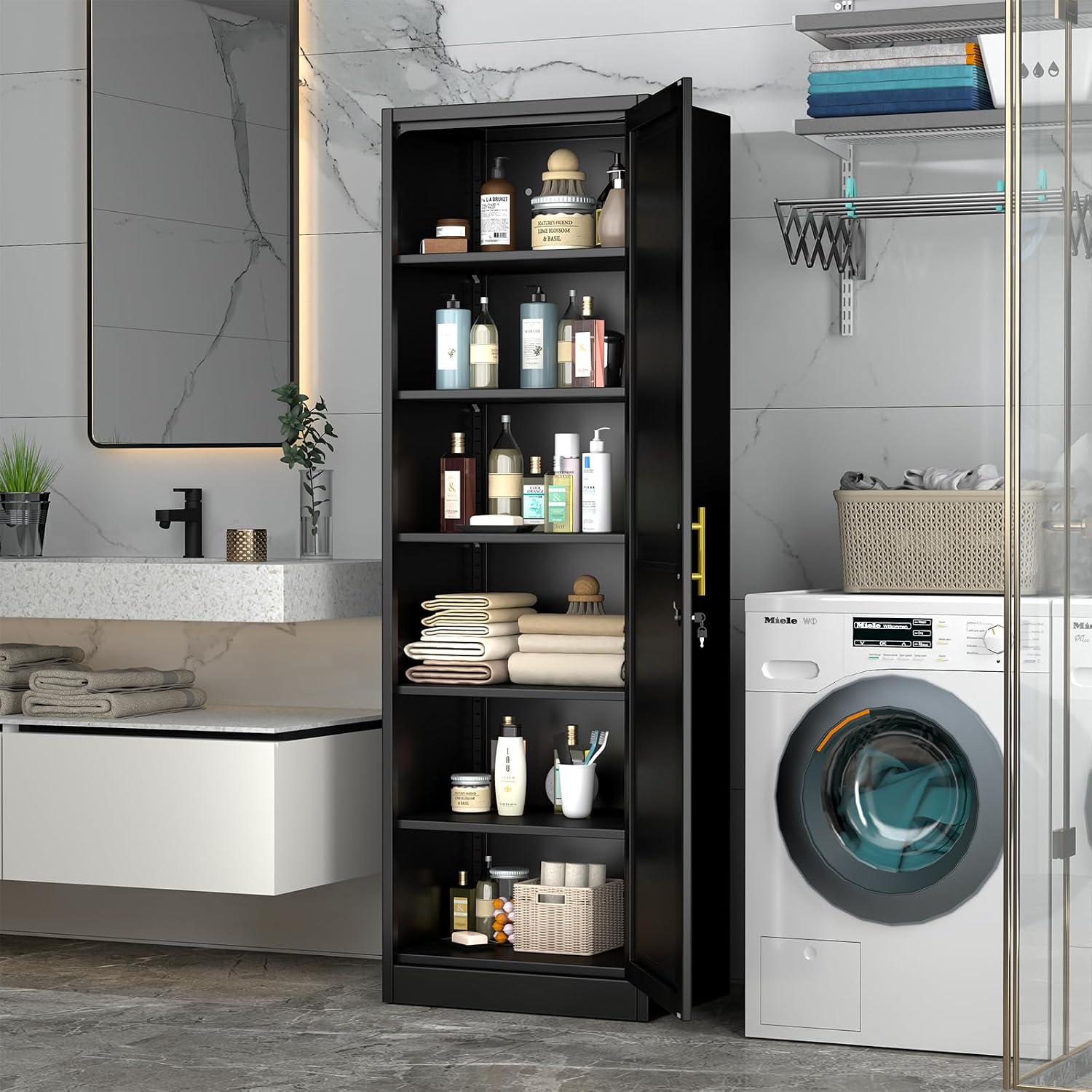 pozdeg 67" Tall Narrow White Metal Storage Cabinet | 2 Doors, 4 Adjustable Shelves, Freestanding Slim Pantry Organizer for Bathroom Kitchen Living Room