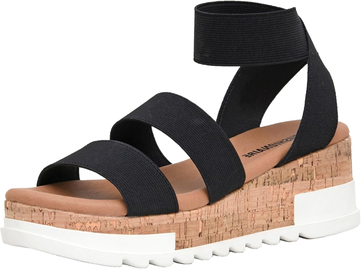 CUSHIONAIRE Naomi Cork Wedge Sandals for Women – Soft Stretch Straps Comfortable Platform Sandals for Women with Memory Foam Insole