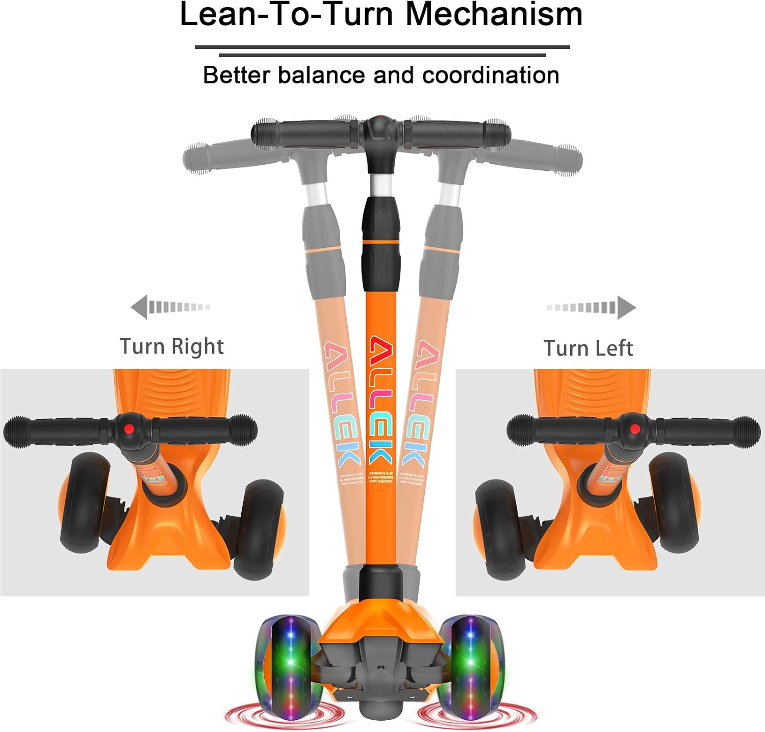 Allek Kick Scooter B03, Lean 'N Glide 3-Wheeled Push Scooter with Extra Wide PU Light-Up Wheels