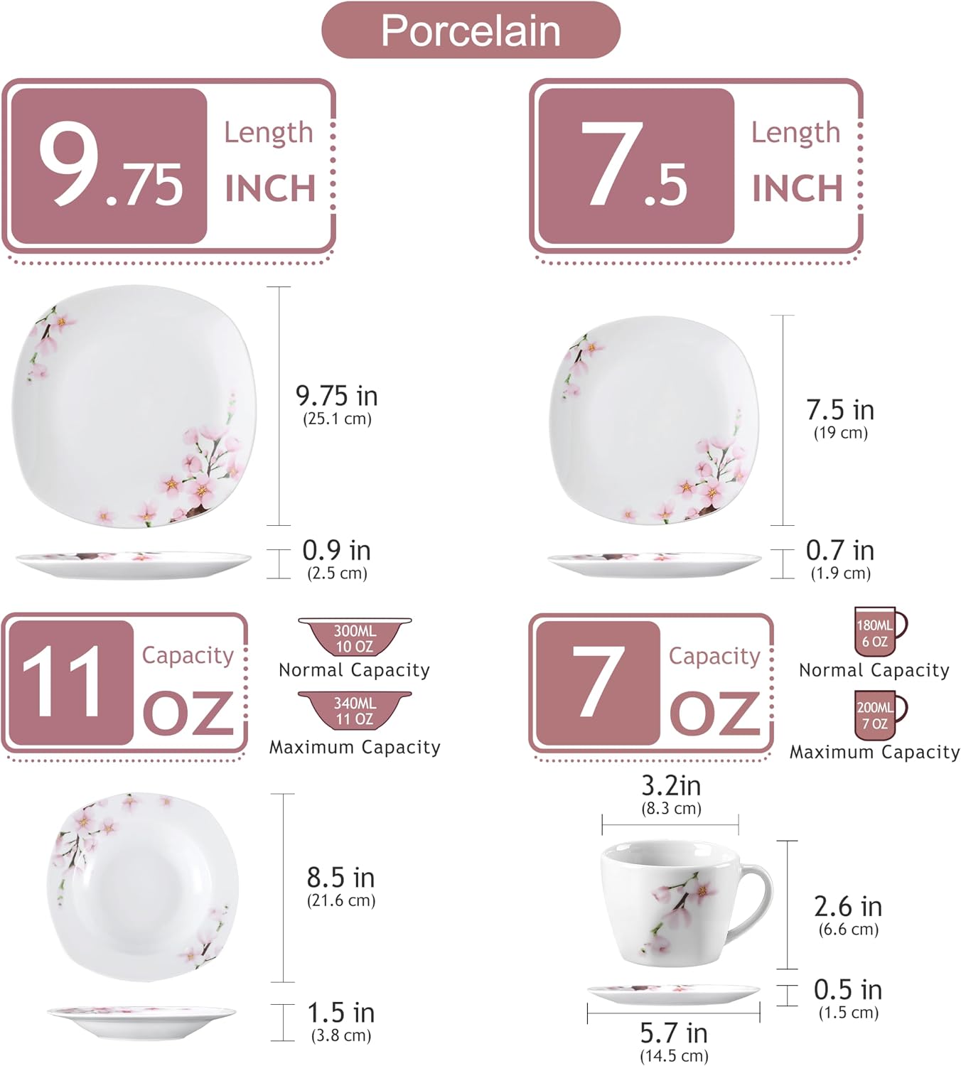 VEWEET 30 PCS Ceramic Dinnerware Sets for 6, Pink Floral Dish Set, ANNIE | Porcelain Dinner Set Including Dessert Plates, Soup Plates, Dinner Plates, Cups & Saucers, Microwave & Dishwasher Safe
