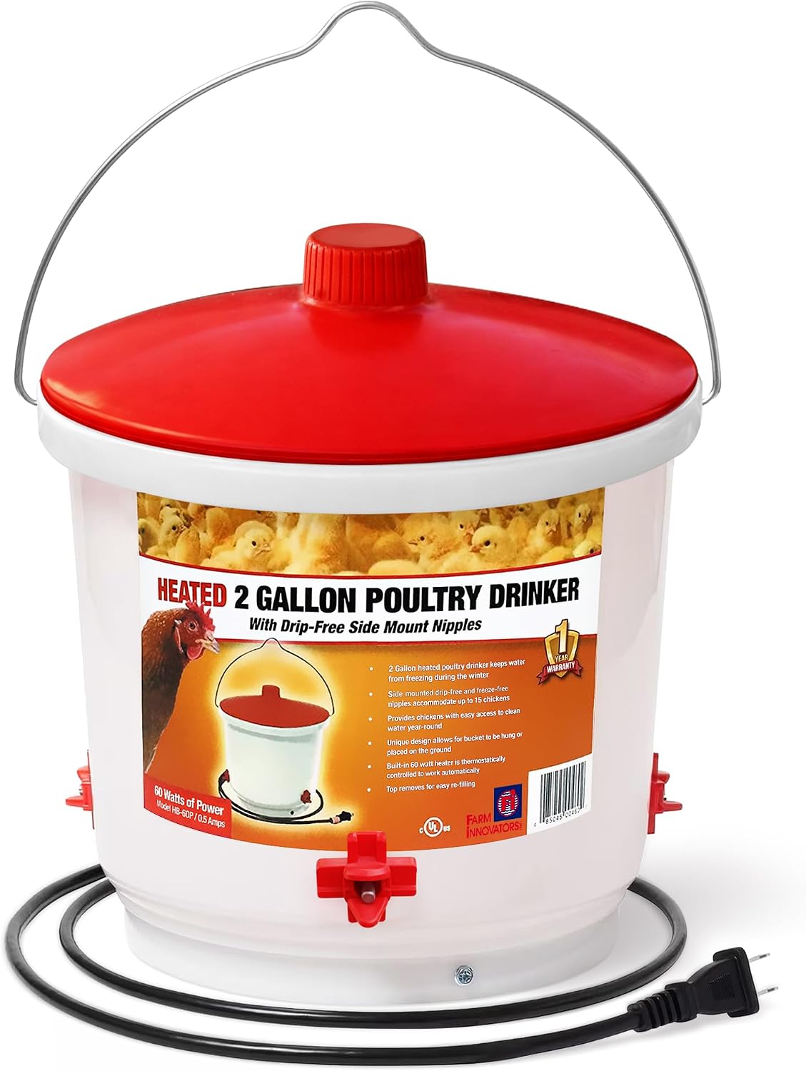 Farm Innovators HB-60P Thermostatically Controlled Heated 2 Gallon Plastic Outdoor Year Round Poultry Chicken Water Bucket Drinker, White/Red | Thermostatically controlled to keep water from freezing, side mounted drip-free/freeze-free nipples for up to…