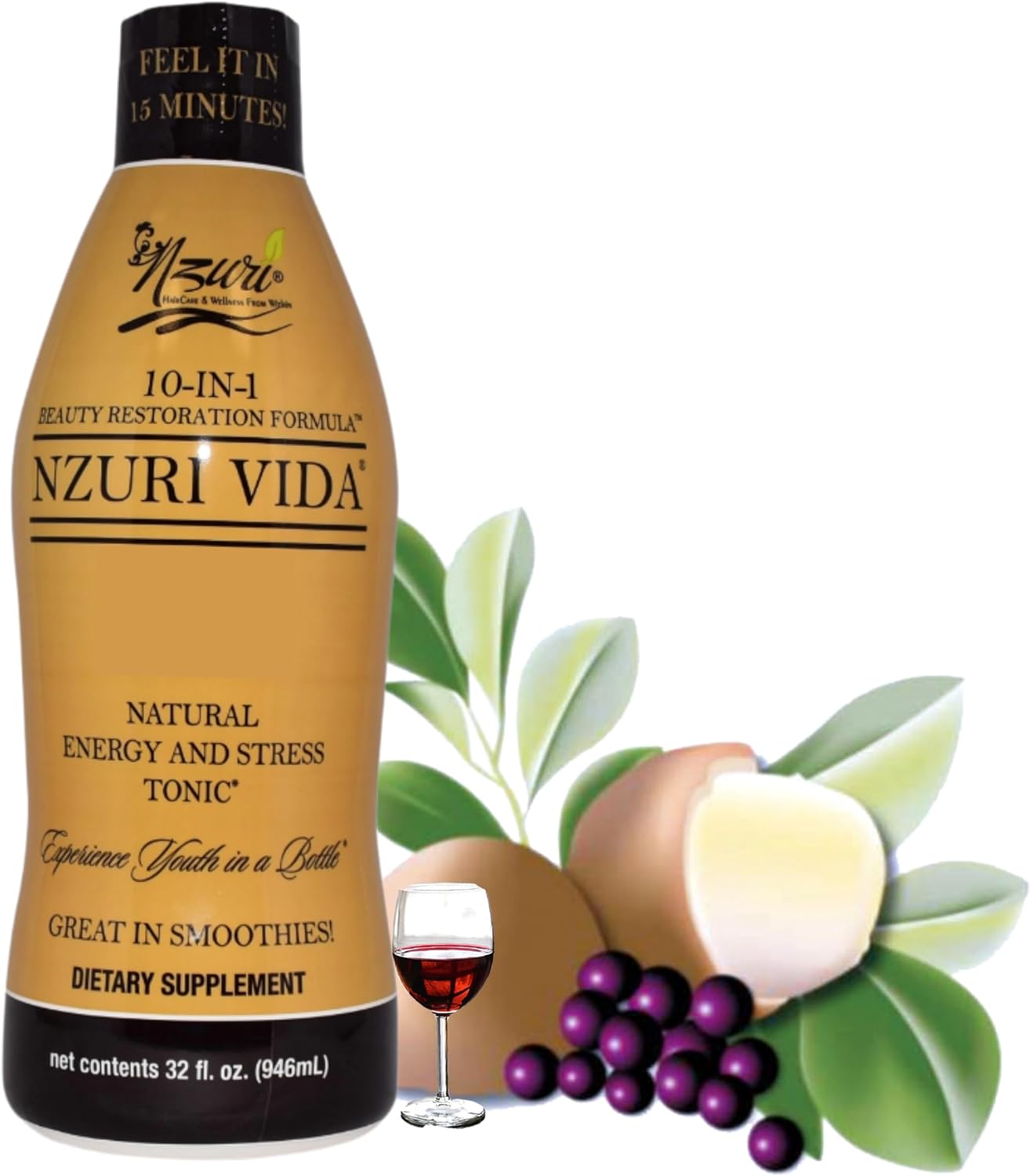 Nzuri Vida All-Natural Energy & Stress Support Tonic – 10-in-1 Total Body Restoration Drink with Acai Berry, Cupuacu & Yerba Mate – Smooth Energy