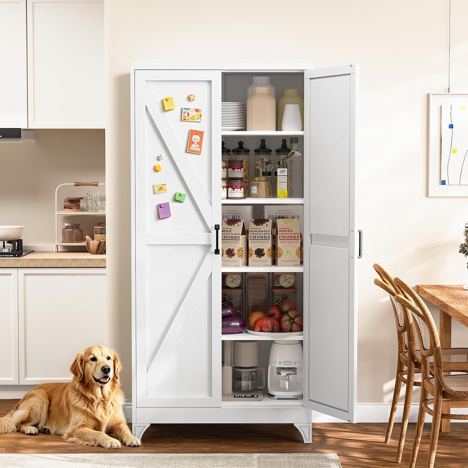 Metal Storage Cabinet with 2 Doors and 4 Adjustable Shelves - 61" White Kitchen Pantry Storage 5-Tier Tall Steel Cabinets Locker for Kitchen, Living Room, Dining Room