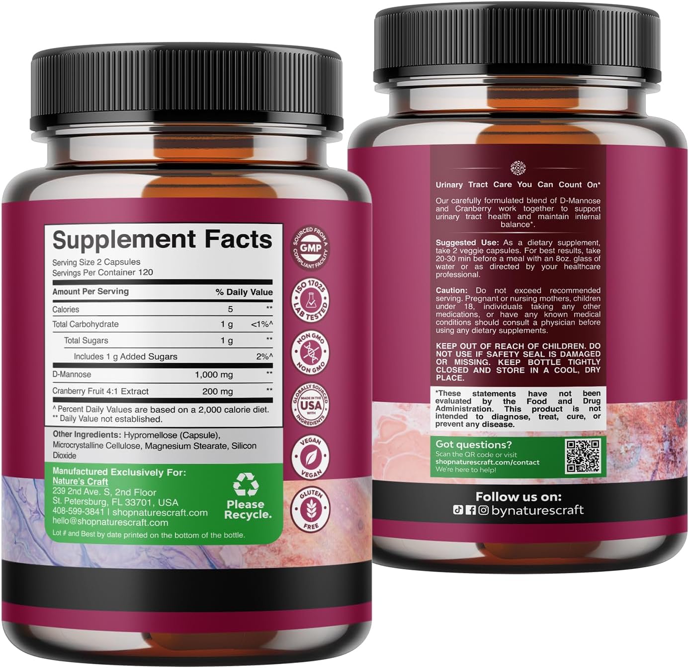 D Mannose with Cranberry Supplement - Potent D Mannose 1000mg Capsules for Kidney Defense Support & Cleanse and Urinary Tract Health for Women & Men