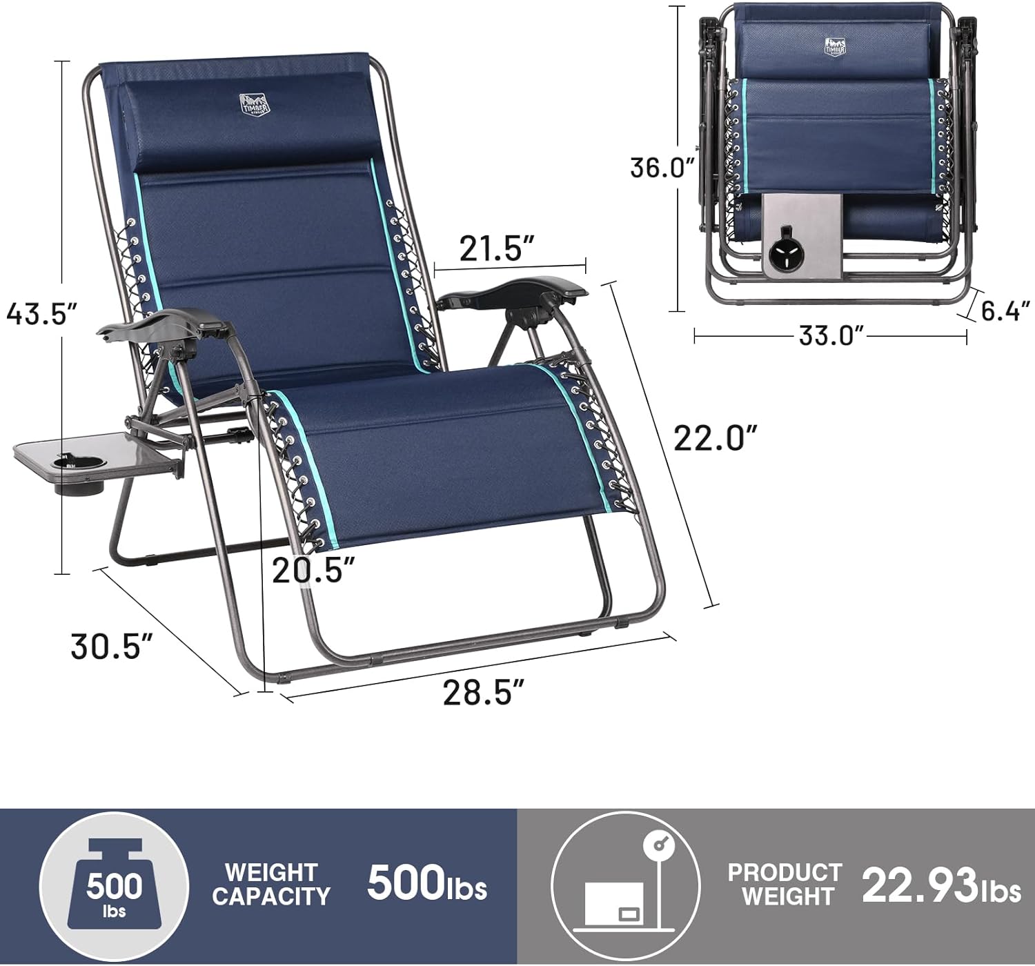 TIMBER RIDGE XXL Oversized Zero Gravity Chair, 33" Wide, 500 lb, Gray