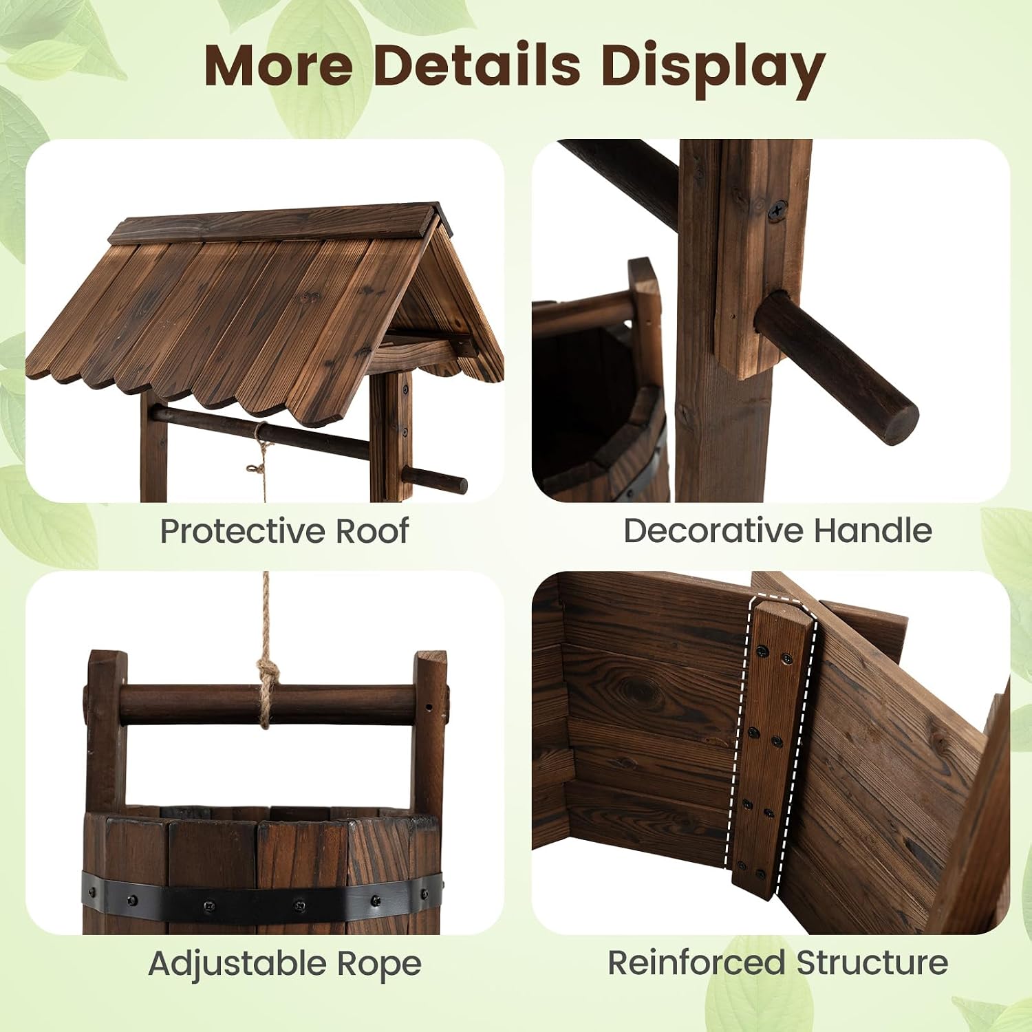 Giantex Wooden Wishing Well Planter with Hanging Bucket, Carbonized Fir Wood Outdoor Garden Planter for Flowers