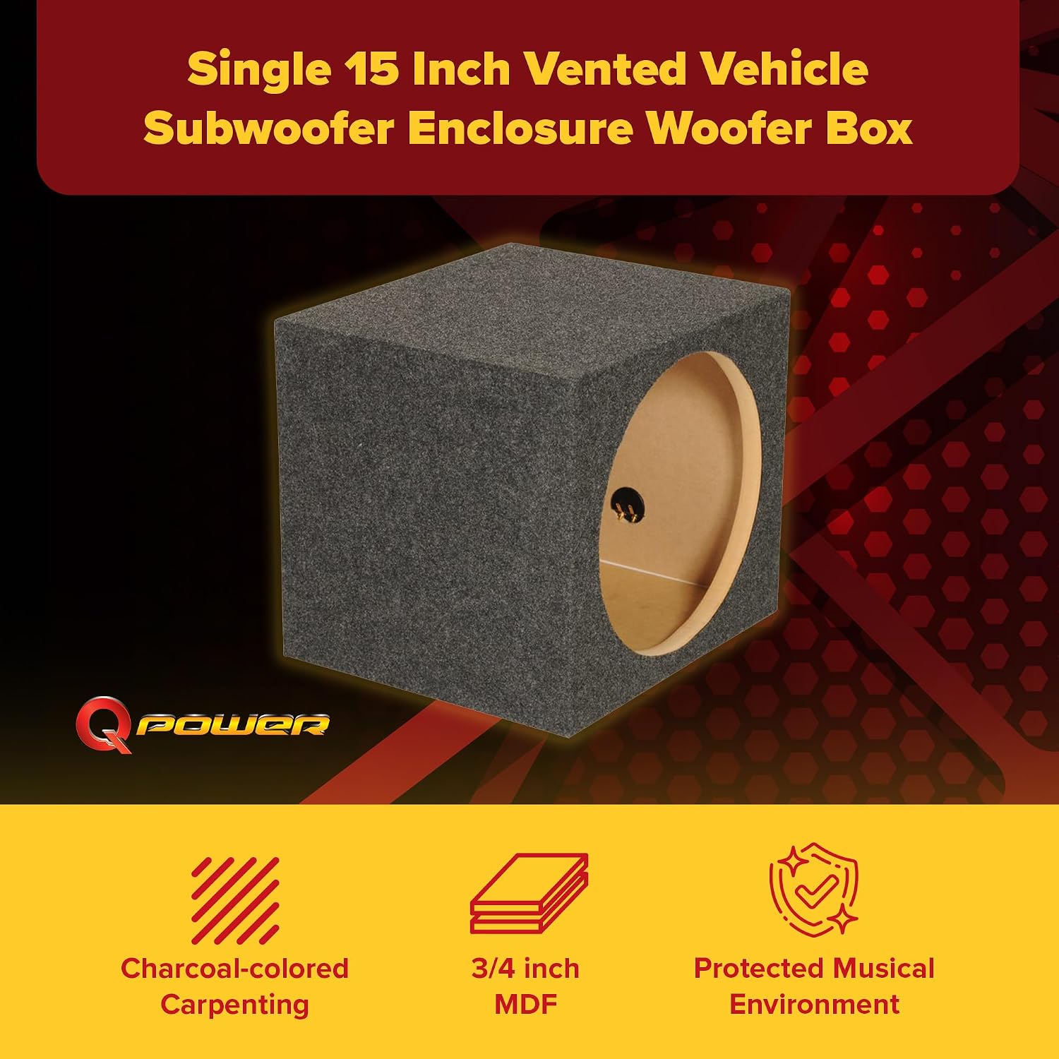 QPower HD112VL Single 12 Inch SPL XL Heavy Duty Side Ported Subwoofer Box Enclosure with Durable Carpet Covering for Car Audio Systems