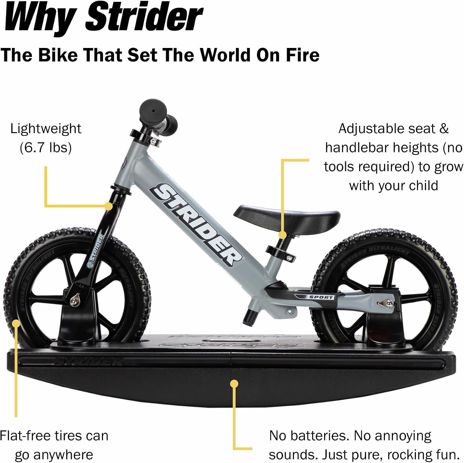 Strider Sport 2-in-1 Rocking Bike, Ages 6 Months–4 Years | For 12 Model, Converts Baby Rocking Toy to Toddler Balance Bike, Tool-Free Adjustments, Wide and Stable Base, Durable Plastic