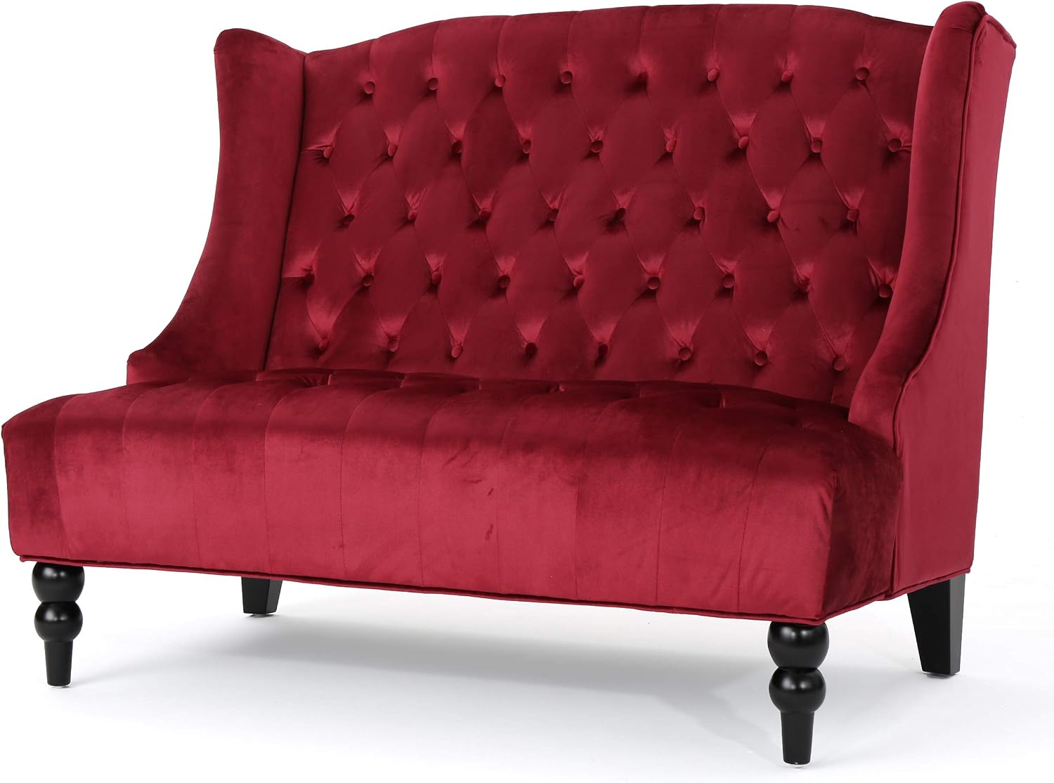 Christopher Knight Home GDFStudio Leona Modern Glam Tufted Velvet Wingback Loveseat, Wine and Dark Brown, 34.00 ''D x 50.25‘’W x 38.50'' H