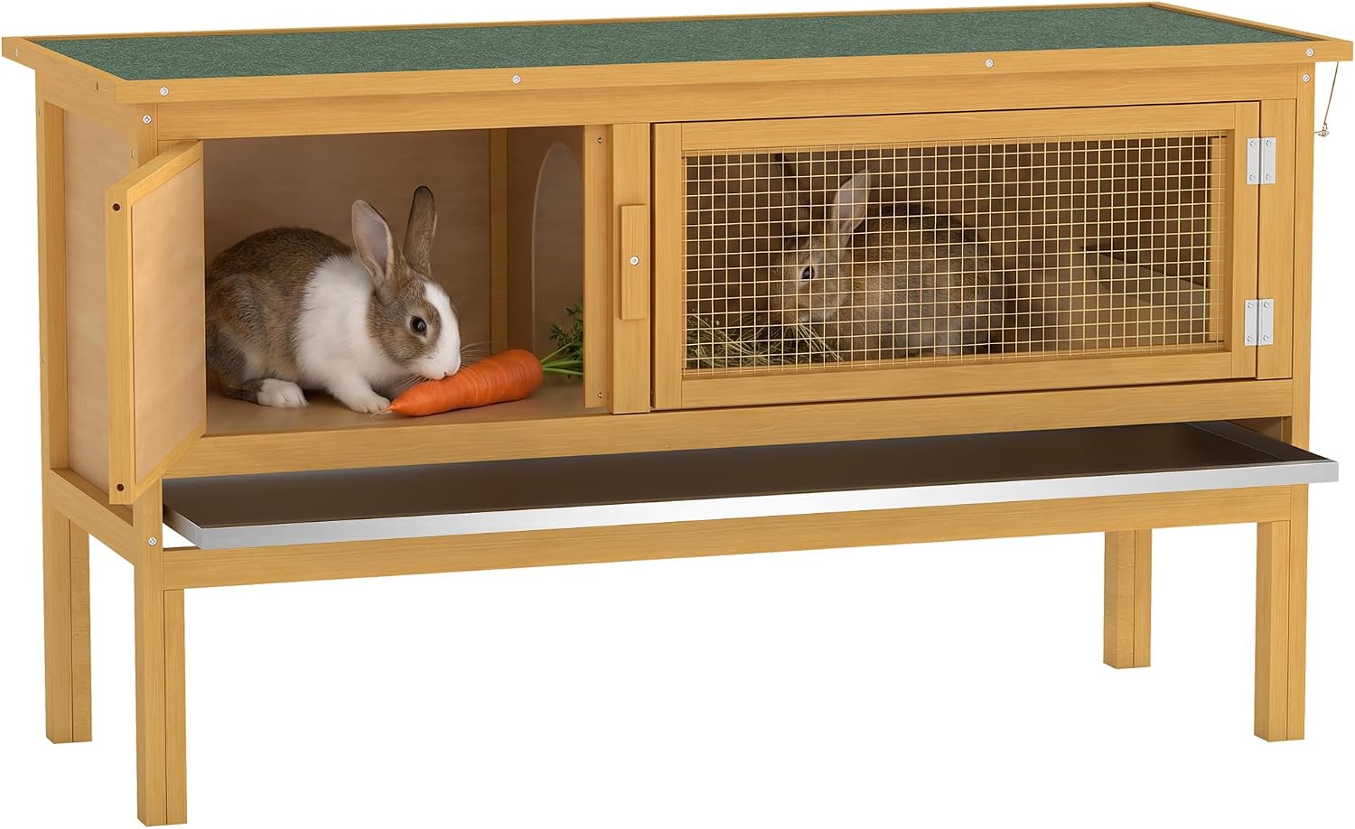 PawHut Wooden Rabbit Hutch Bunny Cage Openable Waterproof Roof for Rabbits | No Leak Tray, Solid Fir Wood Build, for Chickens, Ducks, Indoor/Outdoor