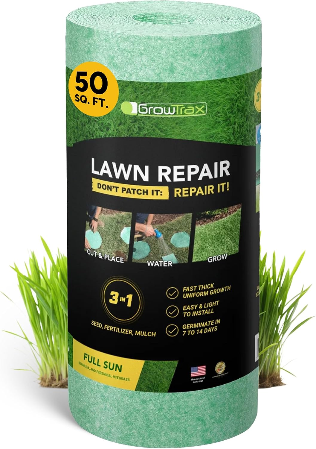 Growtrax Biodegradable Grass Seed Mat - 50 Sq Ft Bermuda Rye | Grass Seed and Fertilizer for Lawns, Dog Patches & Shade, Just Water and Grow