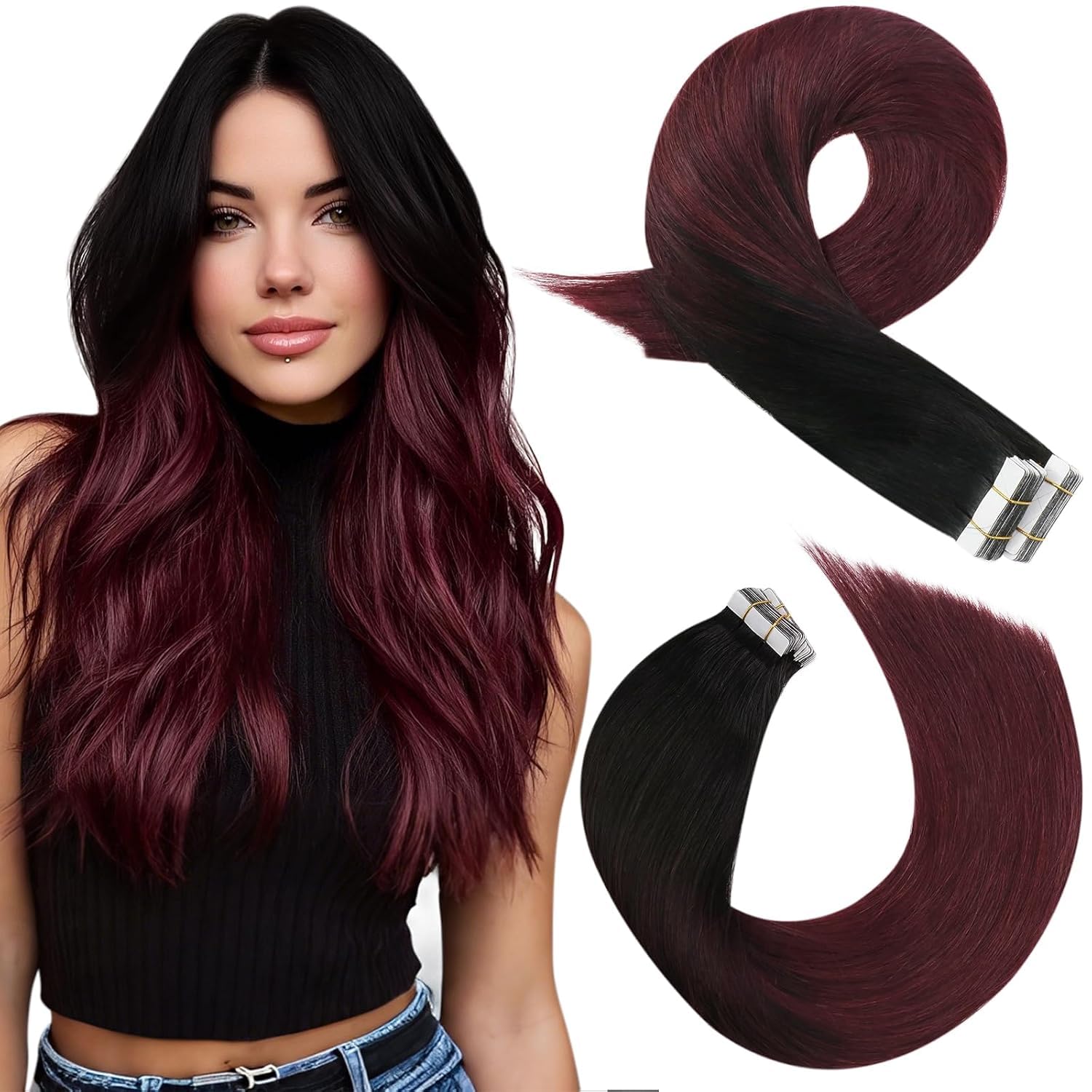 Moresoo Black Tape in Hair Extensions Human Hair, 18 Inch, 20Pcs, 50g