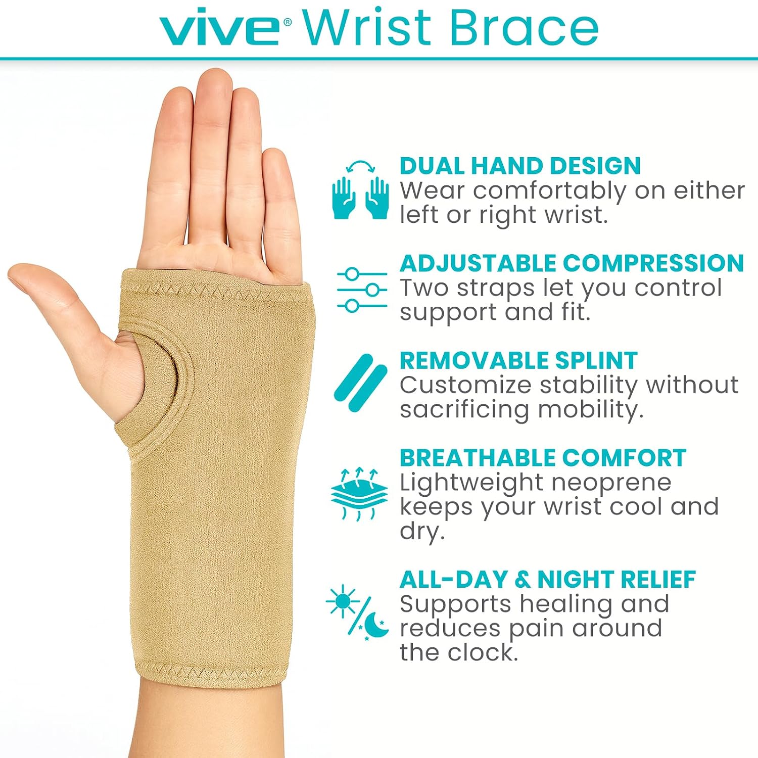 Vive Wrist Brace - Carpal Tunnel Hand Compression Support Wrap for Men | Women, Tendinitis, Bowling, Sports Injuries Pain Relief - Removable Splint - Universal Ergonomic Fit (Black, Right)