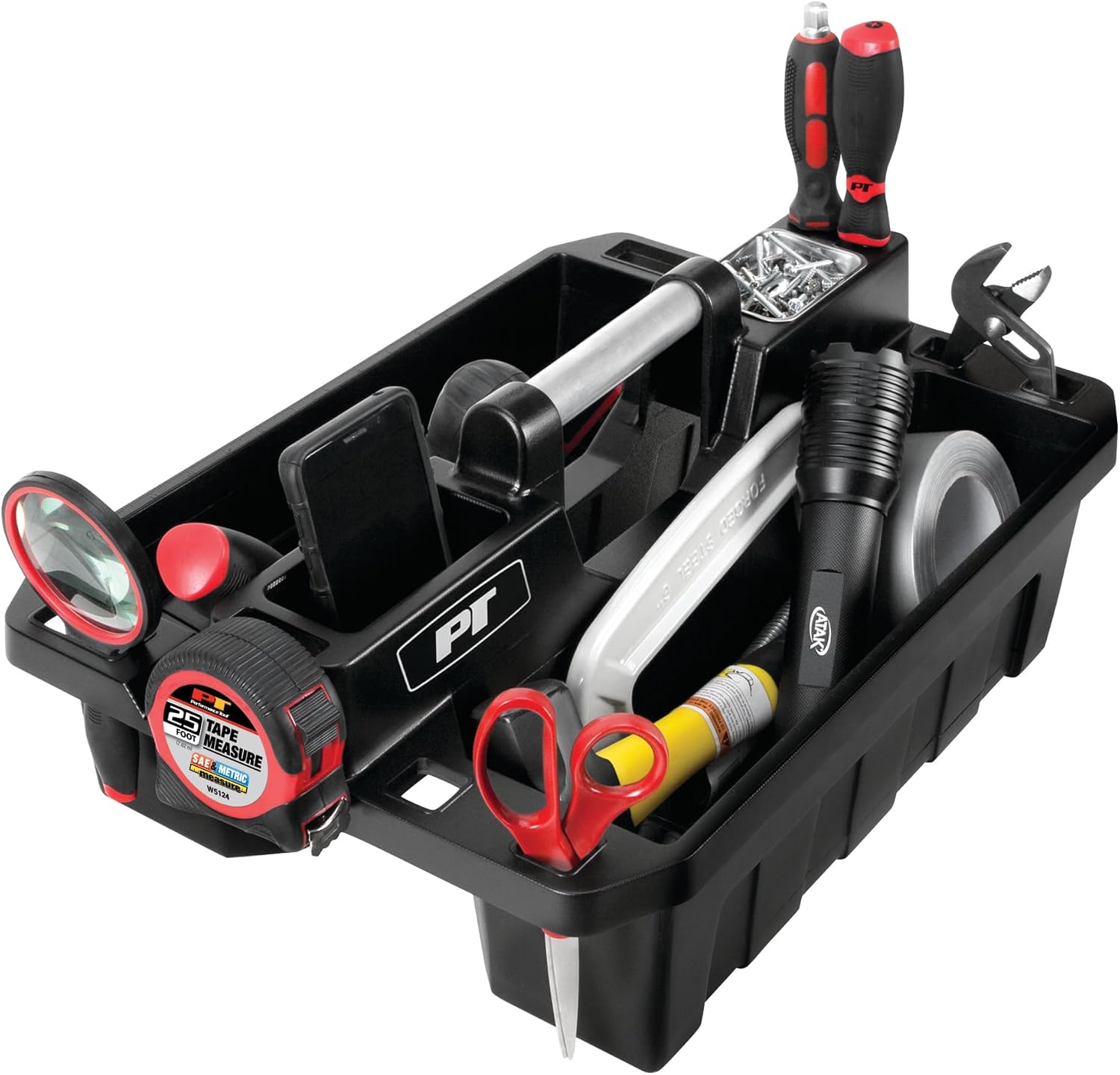 Performance Tool W54026 26 in. Steel Tool Box with Removable Tote | Heavy duty steel storage box and organizer. Recessed ergonomic comfort handle. Strong double latch with padlock eyehole