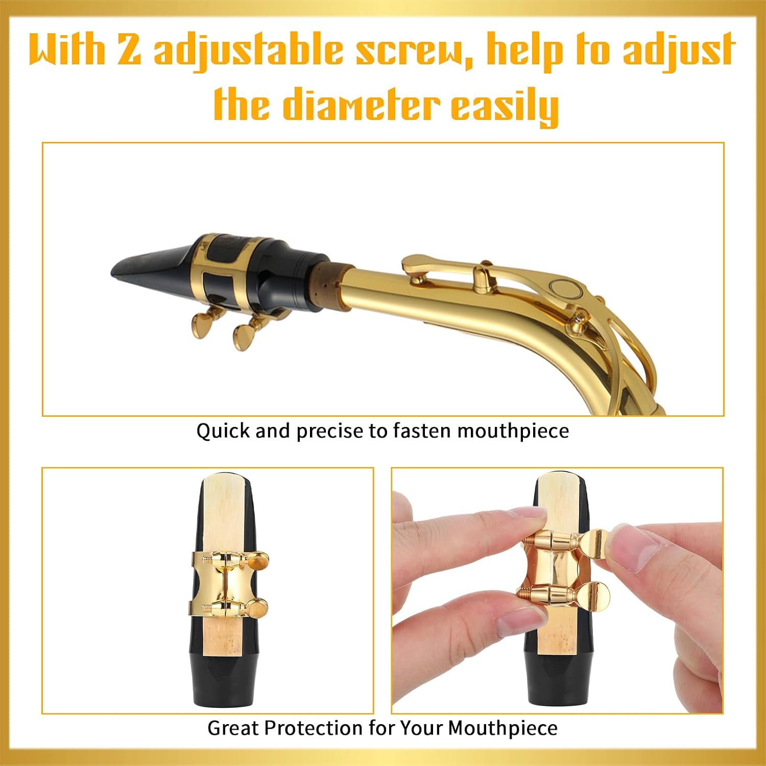 Saxophone Ligature, Soprano Sax Mouthpiece Ligature with Adjustable Screws Double Screws Saxophone Gold Fastener