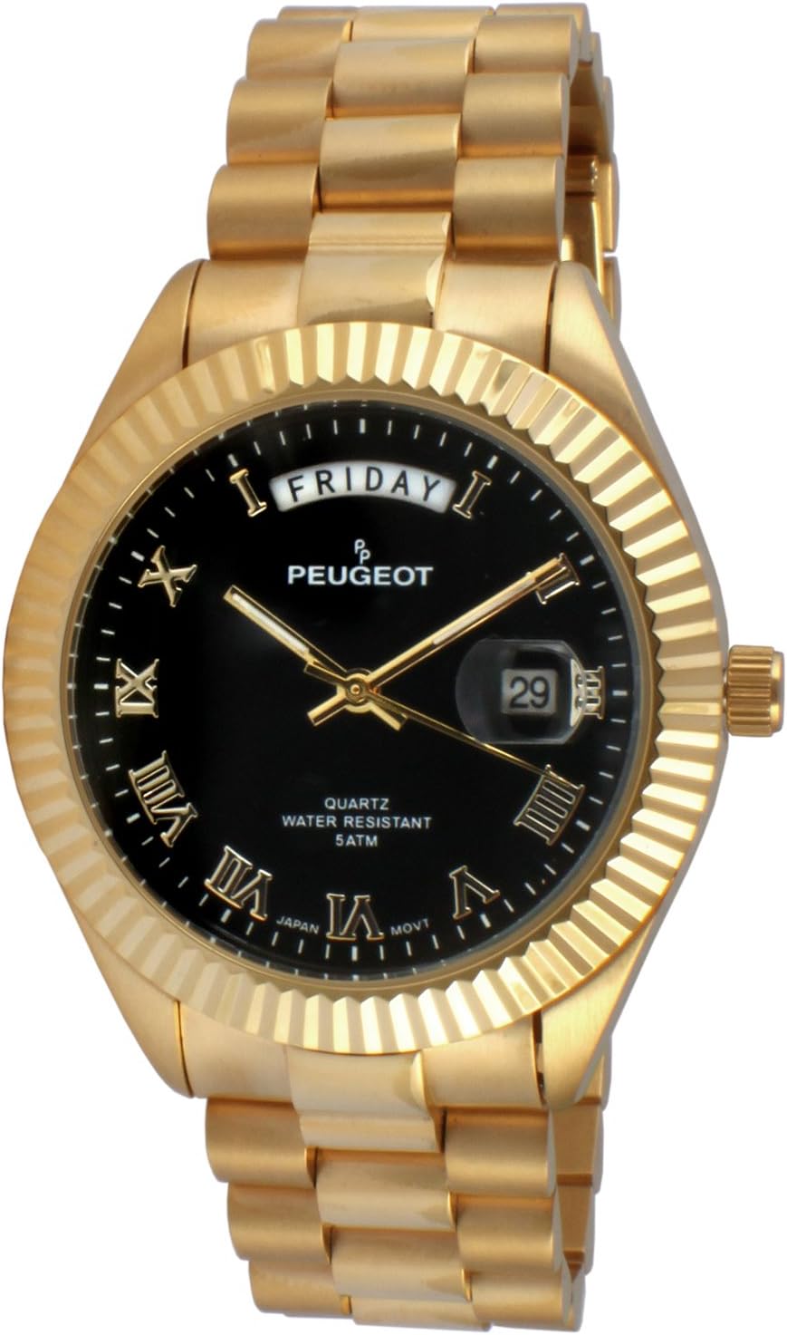 Peugeot Men's Stainless Steel Big Face Luxury Watch with Day Date Windows, Roman Numerals & Coin Edge Fluted Bezel Watch