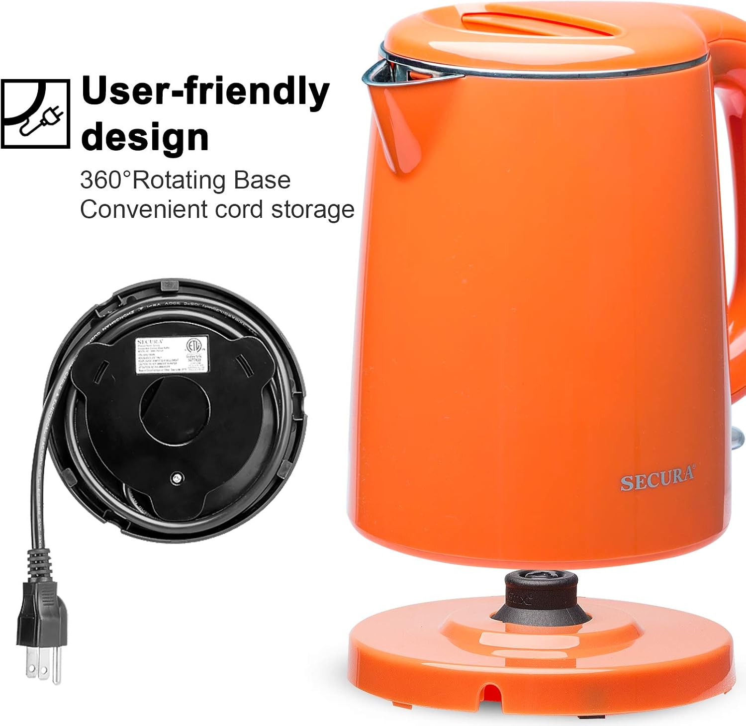 Secura Stainless Steel Double Wall Electric Kettle Water Heater for Tea Coffee w/Auto Shut-Off and Boil-Dry Protection, 1.0L (Orange) SWK-1001DO/HB-K012