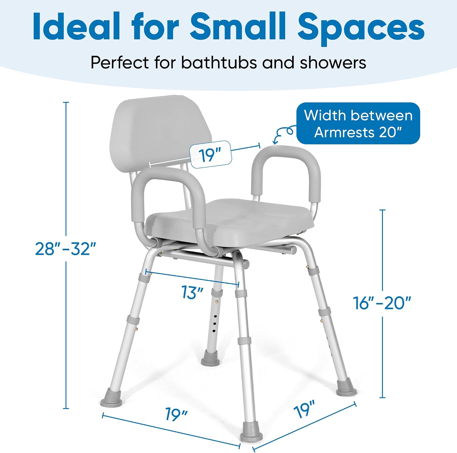 Comfortable Shower Chair for Elderly and Disabled for Inside Shower Seats | Sit Securely While Bathing - Blue, padded seat, adjustable height, aluminum frame, backrest, 400 lb