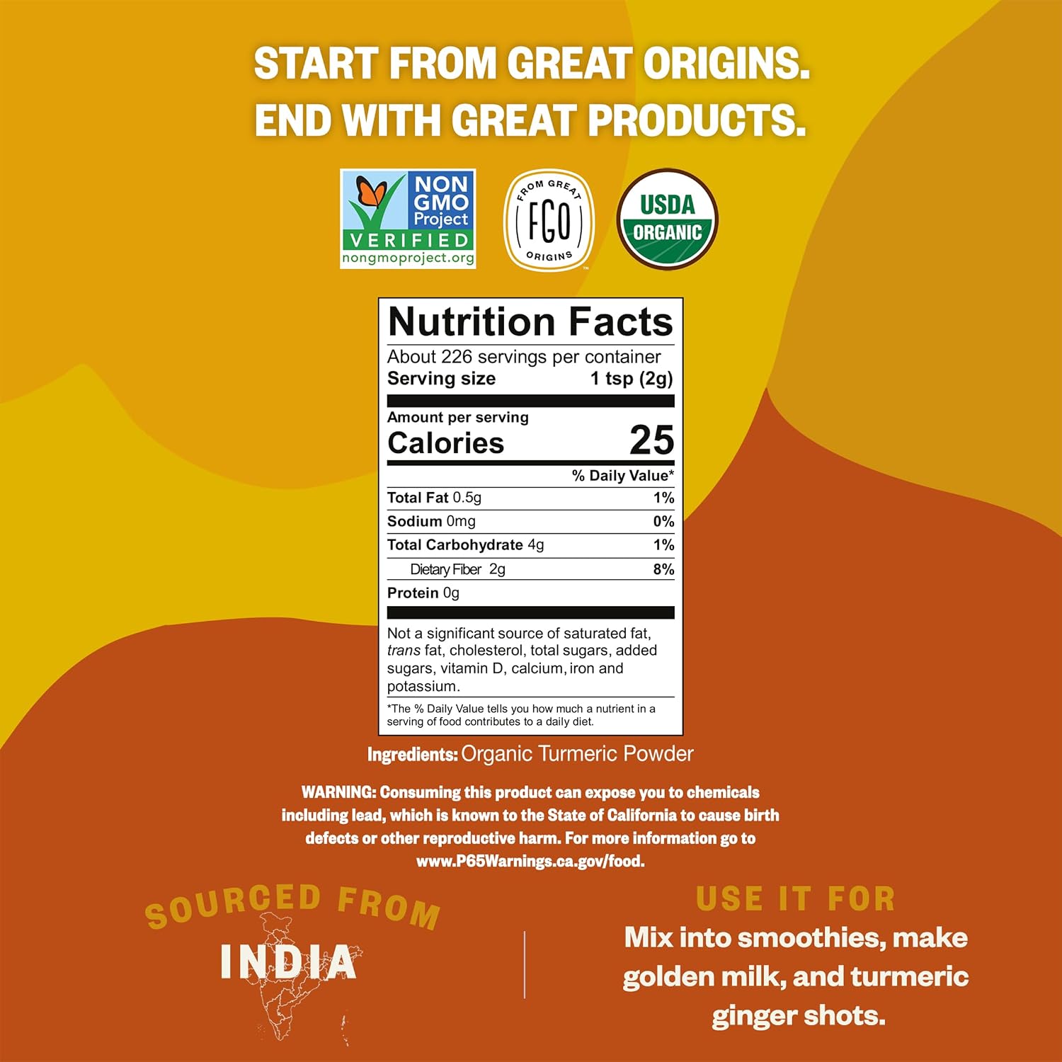 FGO Organic Turmeric Powder w/Curcumin, 8oz Resealable Pouch, USDA Organic and Non-GMO, Sourced from India, Packaging May Vary (Pack of 1)