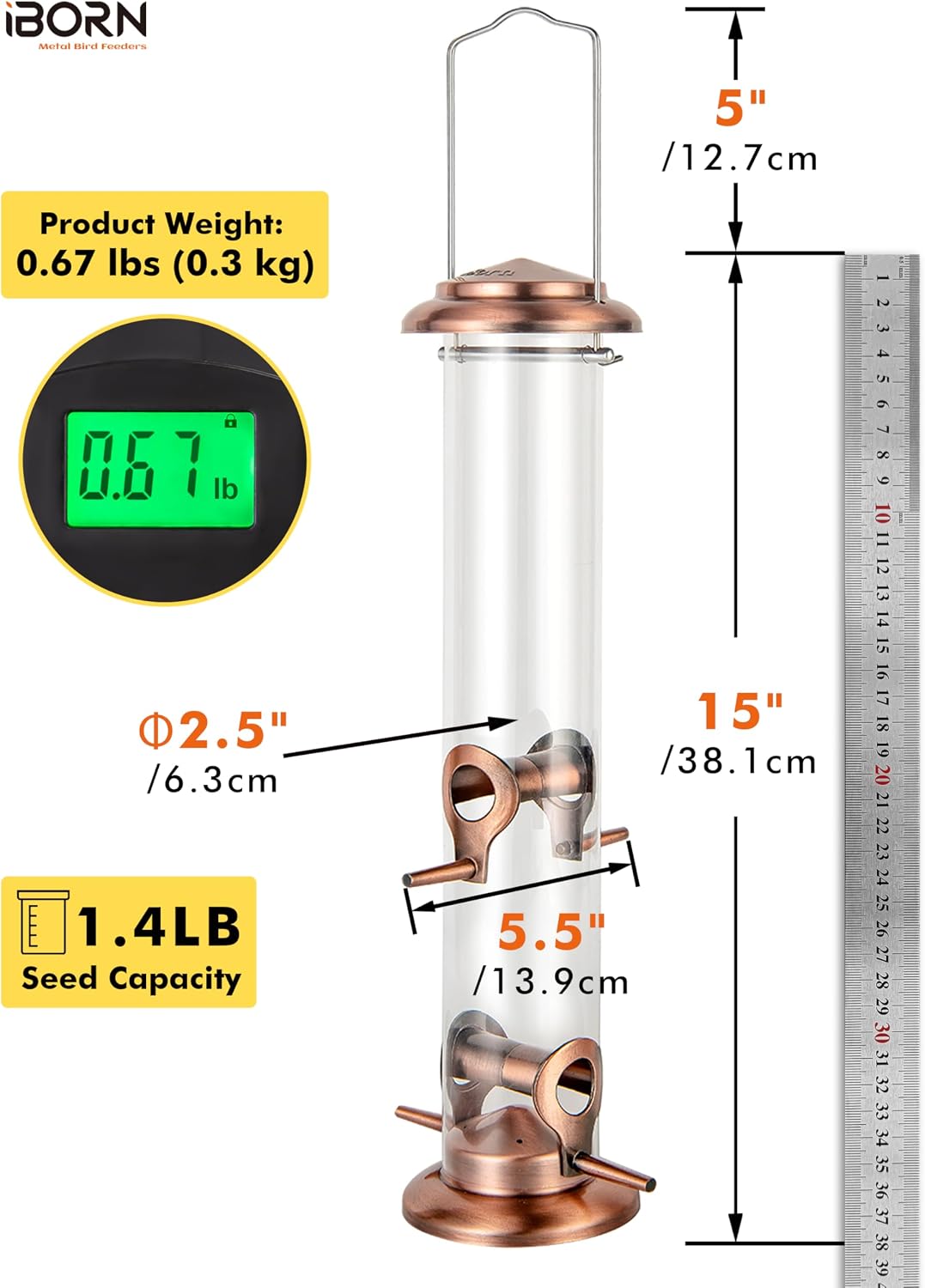 Bird Feeders for Outdoors 15" 4 Ports Chew-Resistant, Copper-Plating, 1PK | Metal, Durable Outdoors, Flip-top Easy Refill & Clean, Mixed Seeds