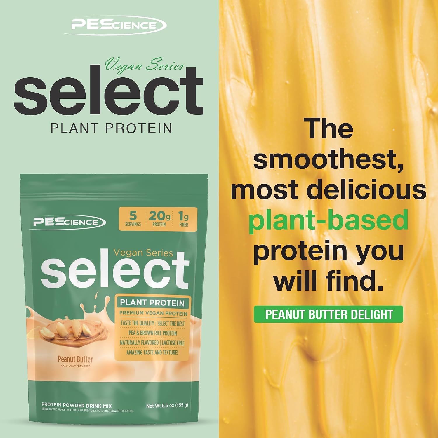 PEScience Select Vegan Protein Powder, Peanut Butter Delight, 27 Servings | Plant Based Protein Powder, Pea and Brown Rice Blend, Dairy Free, Lactose Free, Gluten Free