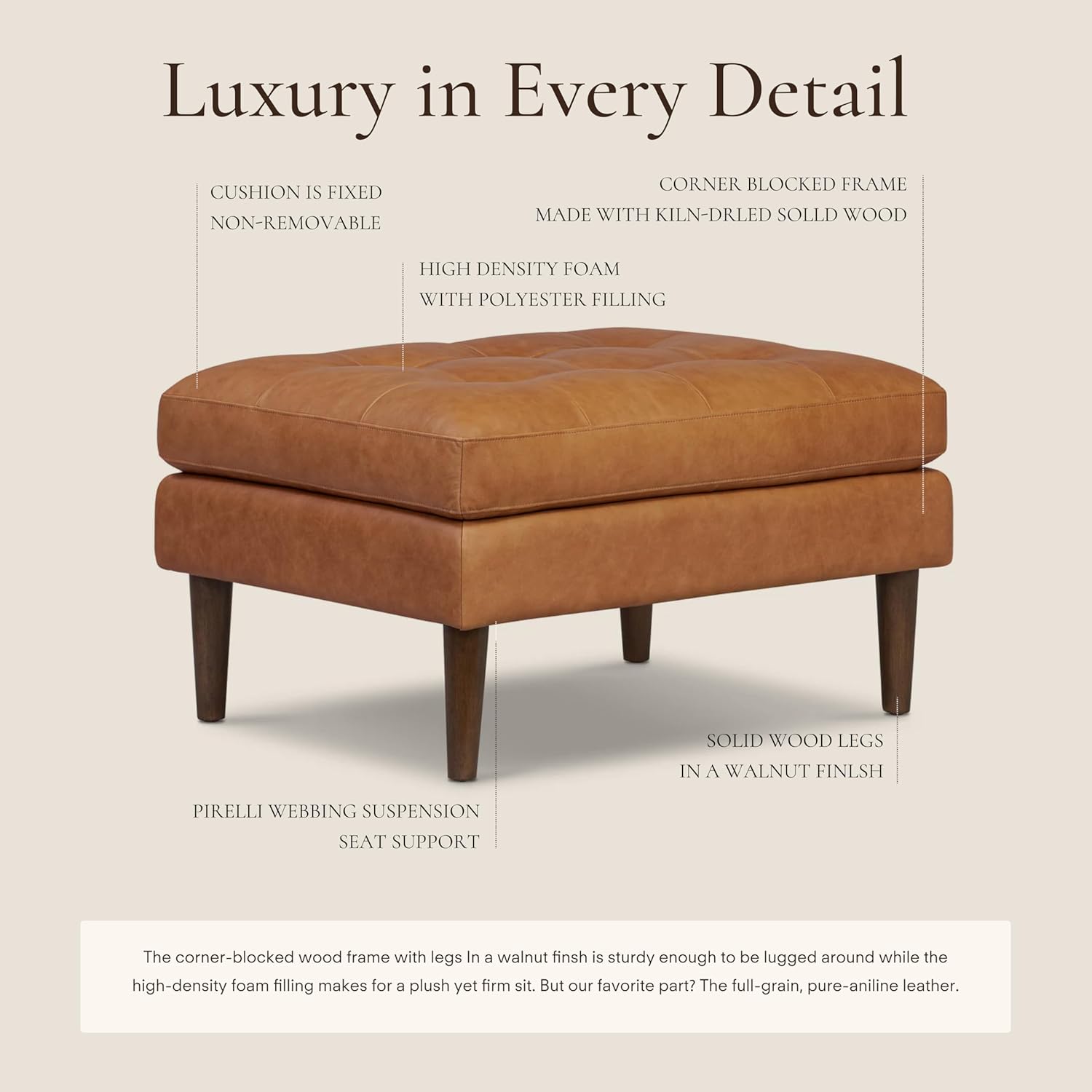 Poly & BARK 55" Tufted Leather Bed Bench for Bedroom End of Bed - Living Room Entry Way Bench - Pure Italian Leather Upholstery with a Solid Wood Frame - Ottoman Bench with Wooden Legs - Cognac Tan