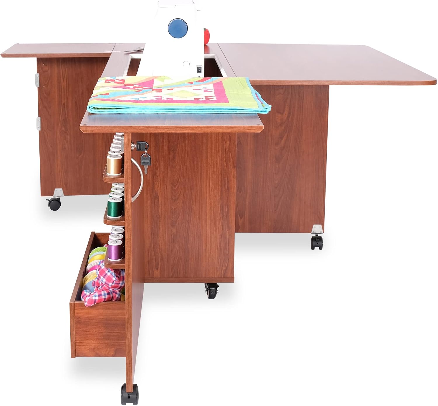 Arrow K8405 Wallaby Kangaroo Sewing, Cutting, Quilting, Crafting Cabinet and Table, Includes Storage and Airlift, Portable with Wheels, Teak Finish