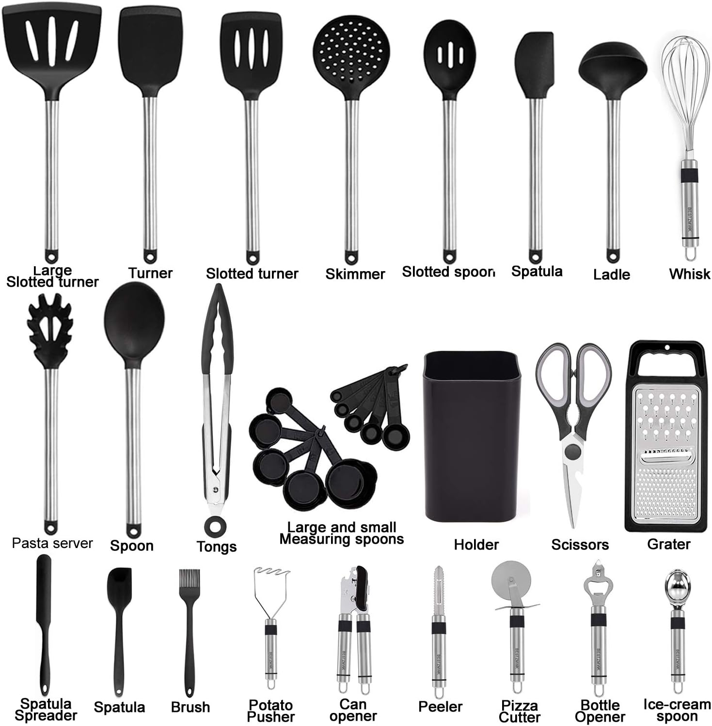 Kitchen Utensil Set-Silicone Cooking Utensils-33 Kitchen Gadgets & Spoons for Nonstick Cookware-Silicone and Stainless Steel Spatula Set-Best