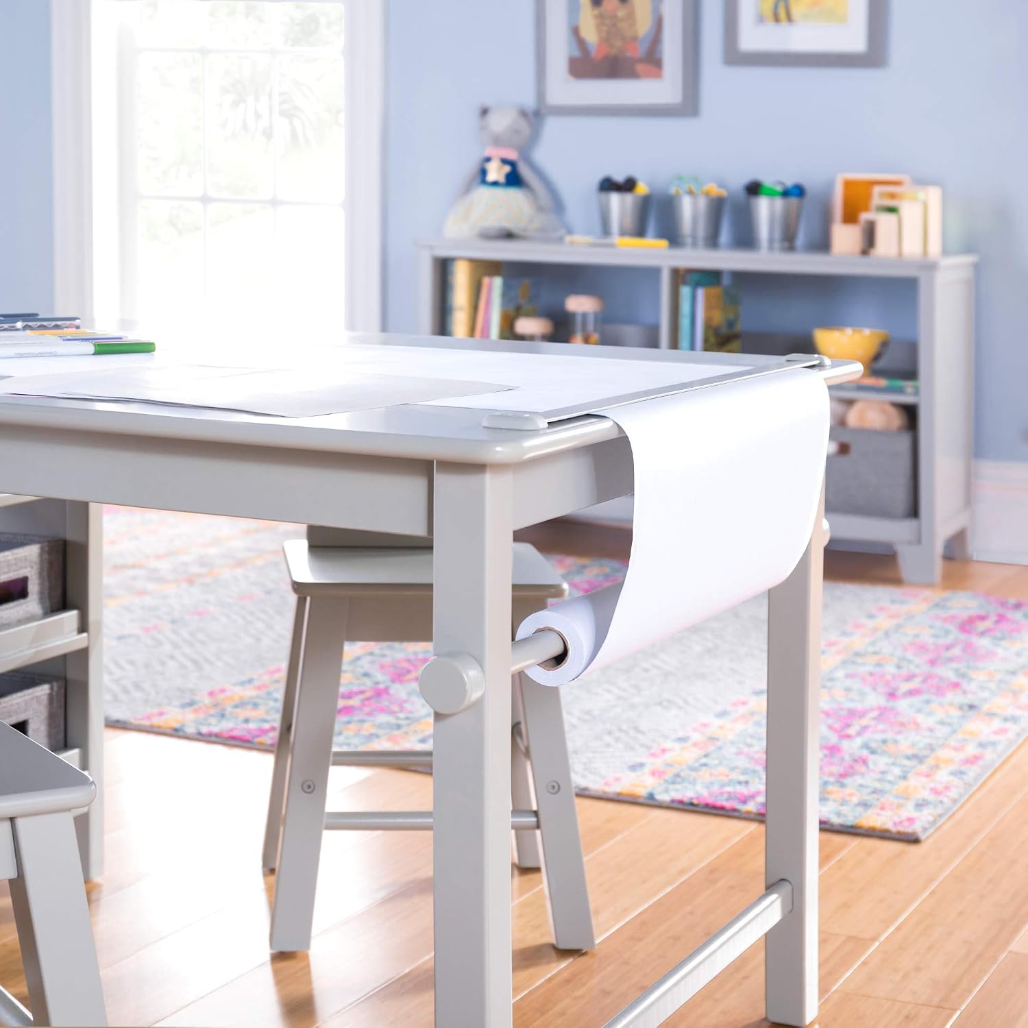 Martha Stewart Kids' Art Table and Chair Set - Linen White: Wooden Kids Play Table for Arts and Crafts | Coloring Desk with Paint Cups
