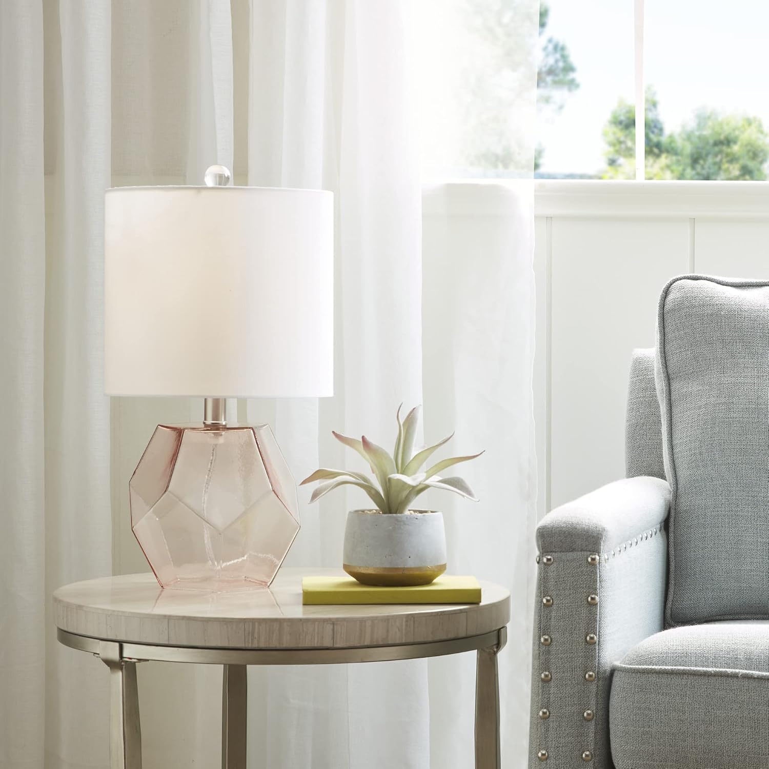 510 Design Bella Glass Table Lamps for Bedroom, Nightstand Light With Cotton Blend Fabric Shade, Rotary Switch, 60" Corded, 60W Bulb, Transitional