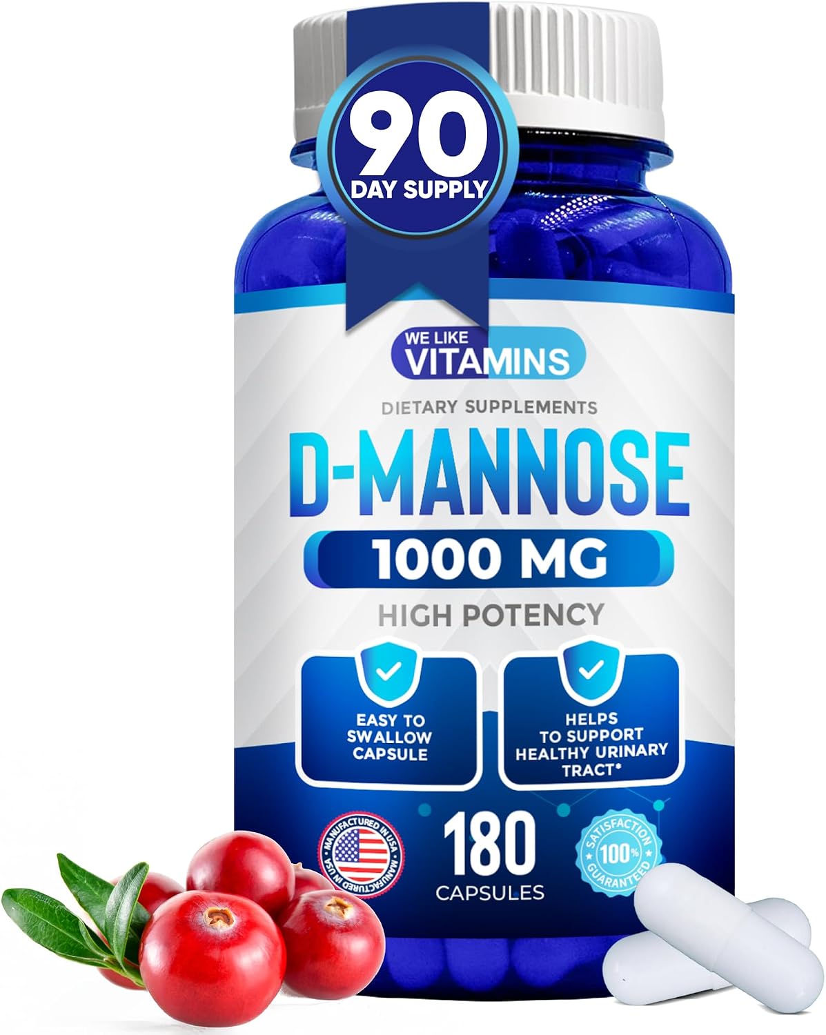 D-Mannose 1000mg - 180 Veggie Capsules - D Mannose Supplements for Women | Cranberry D-Mannose Helps Support Bladder & Urinary Tract Health - 180