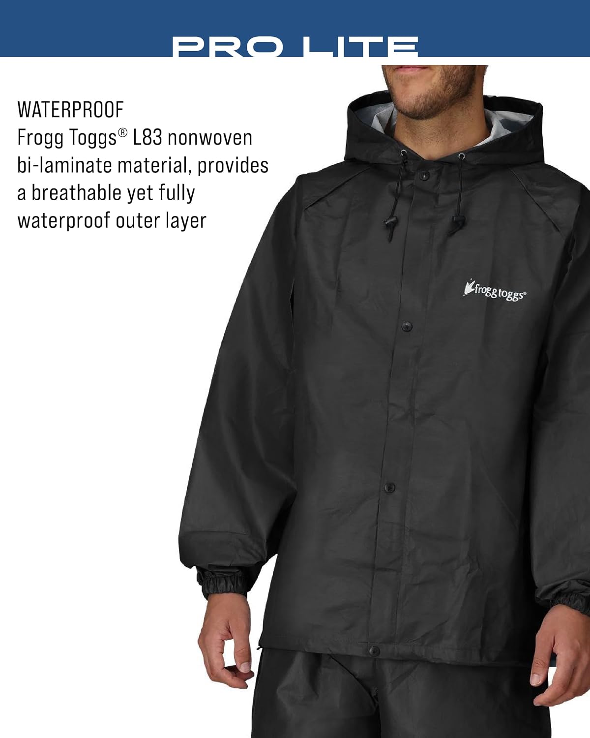 FROGG TOGGS Men's Pro Lite Rain Suit, Waterproof, Breathable, Dependable Wet Weather Protection, Carbon Black, XL/XXL