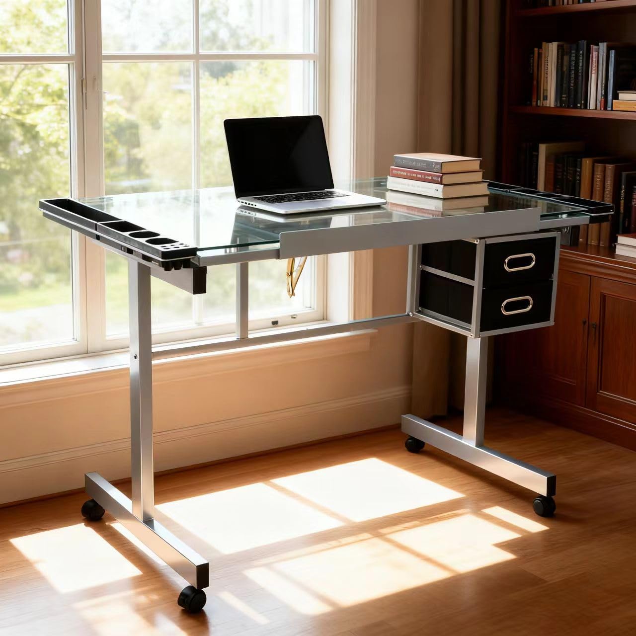 ZENY Drafting Table on Wheels with Storage Drawers, Adjustable Glass Tabletop, Craft Table Drawing Desk Artist Hobby Table for Painting, Drawing