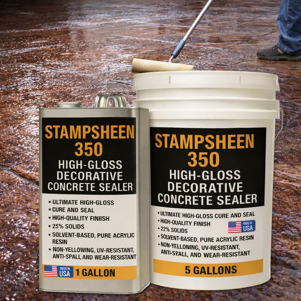 High Gloss Wet Look Decorative Concrete Sealer – Solvent-Based Acrylic Cure & Seal, UV-Resistant, Non-Yellowing Protective Film – Concrete & Paver Sealer for Outdoor Surfaces - Stampsheen 350 5gl