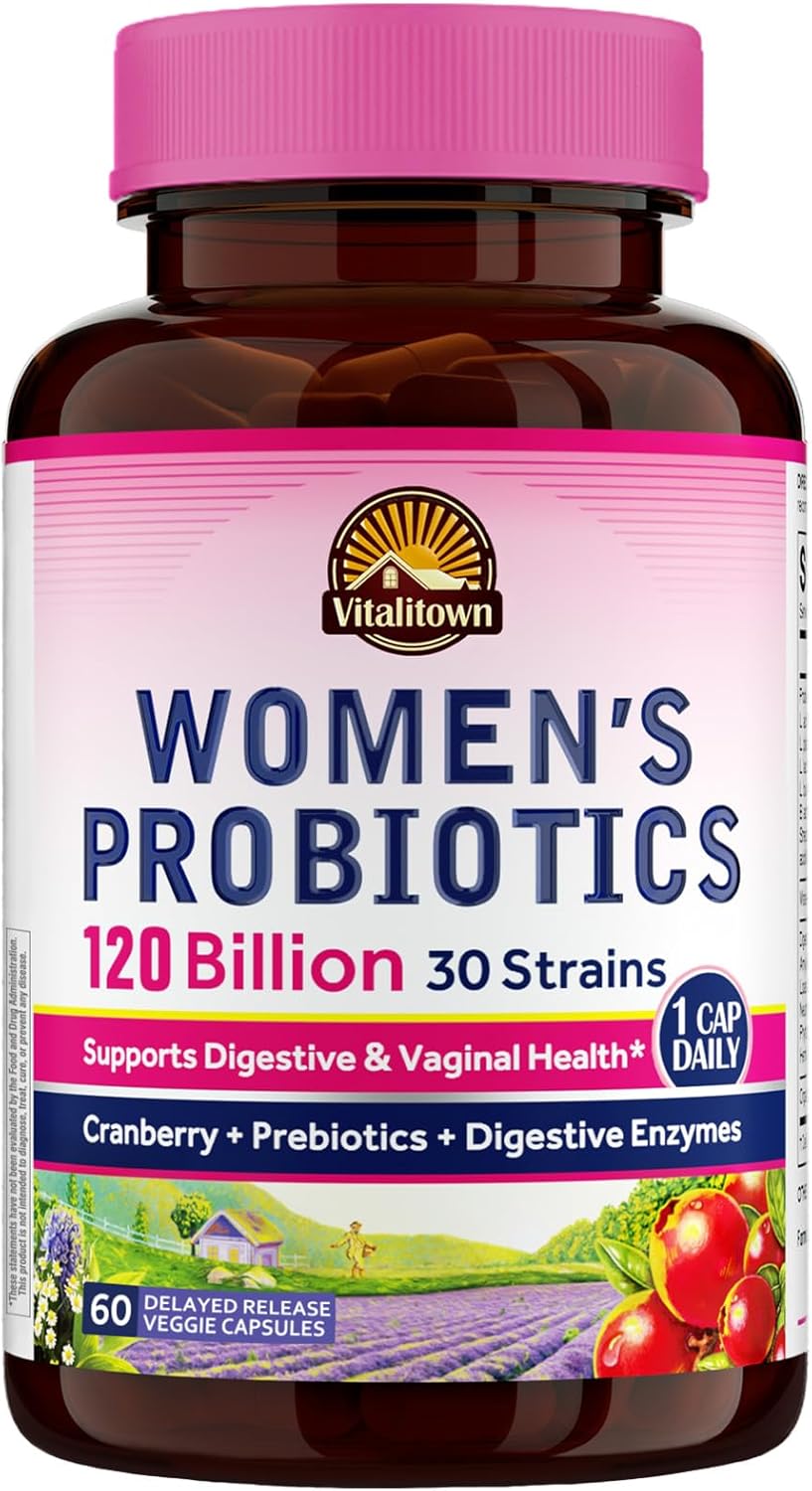Vitalitown Probiotics for Women 120 Billion CFUs, 30 Strains, with Prebiotics & Digestive Enzymes & Cranberry, Gut & Vaginal Health