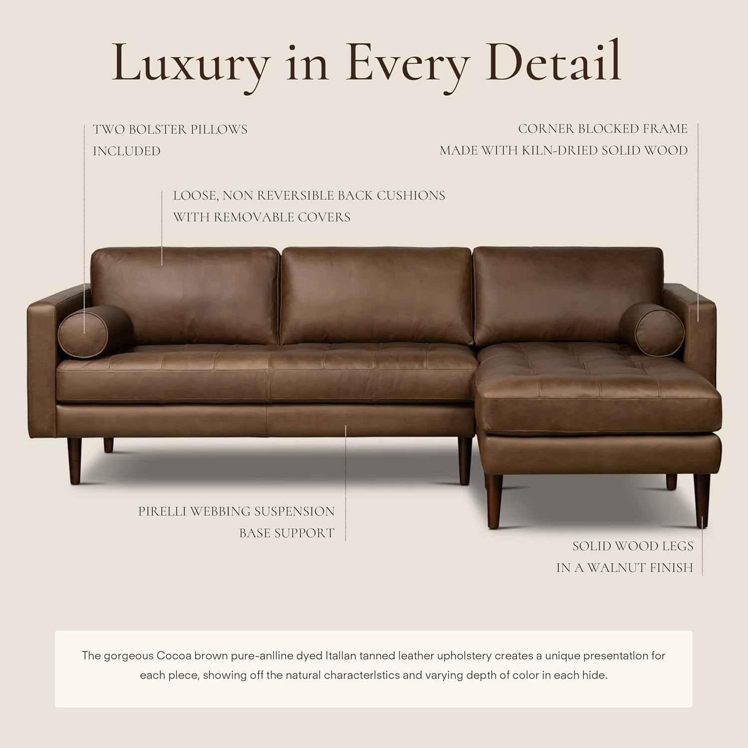 Poly & BARK 55" Tufted Leather Bed Bench for Bedroom End of Bed - Living Room Entry Way Bench - Pure Italian Leather Upholstery with a Solid Wood Frame - Ottoman Bench with Wooden Legs - Cognac Tan