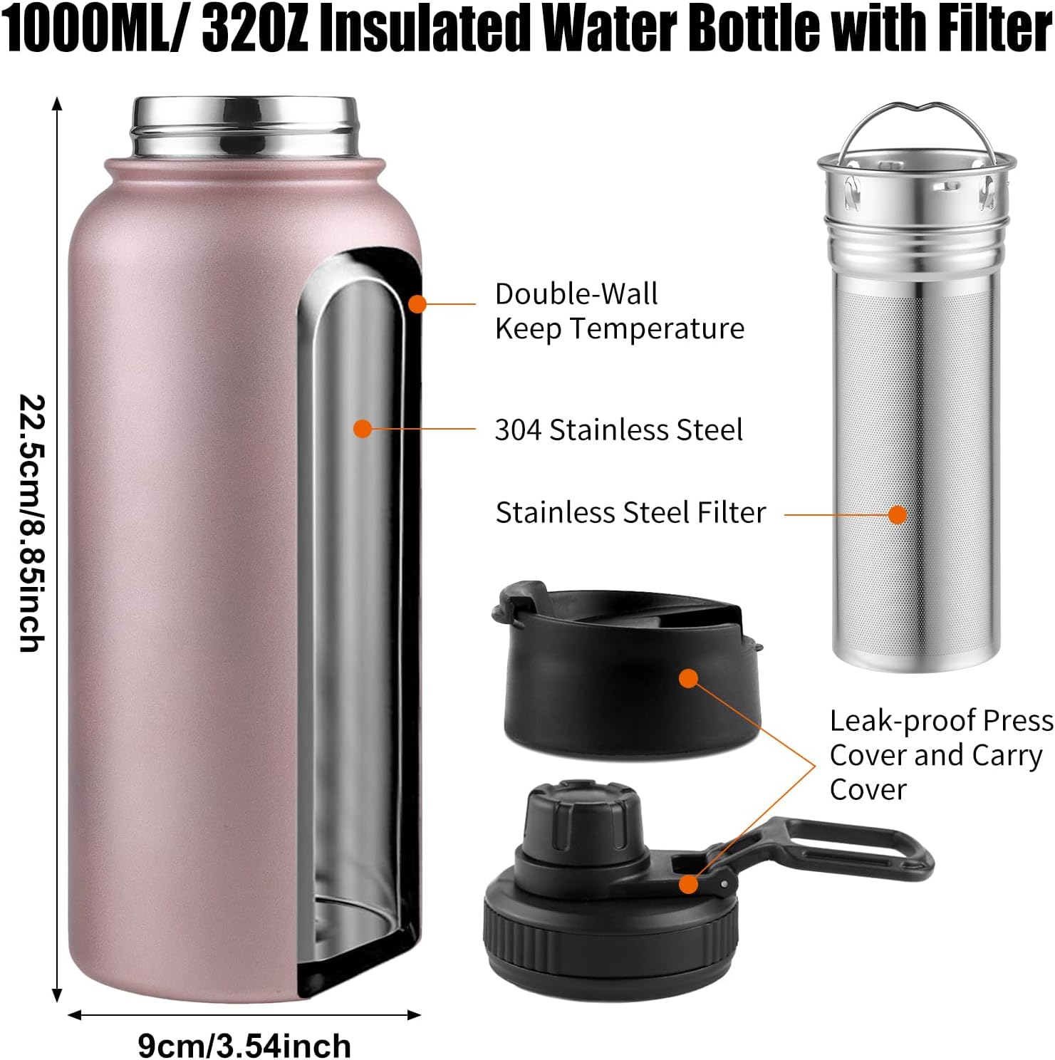 Sivaphe Tea Infuser Bottle With Removable Loose Leaf Tea Strainer Cup 18/8 Stainless Steel Portable Insulated Travel Tea Tumbler Black