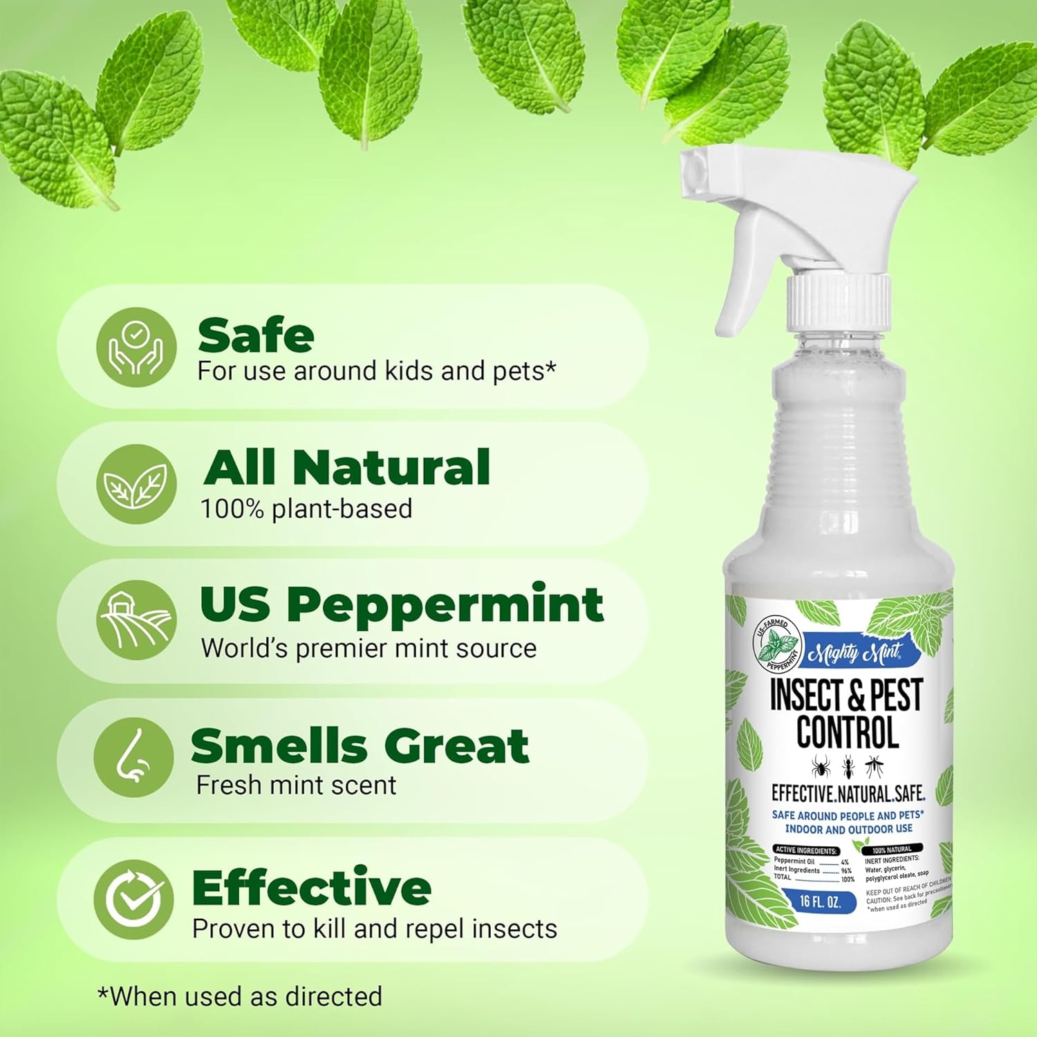 Mighty Mint Peppermint Oil Insect Repellent Spray, 16 oz | Natural Indoor & Outdoor Bug Control for Spiders, Ants, Roaches, Plant-Based, Extra-Strong Formula with Microfiber Cloth