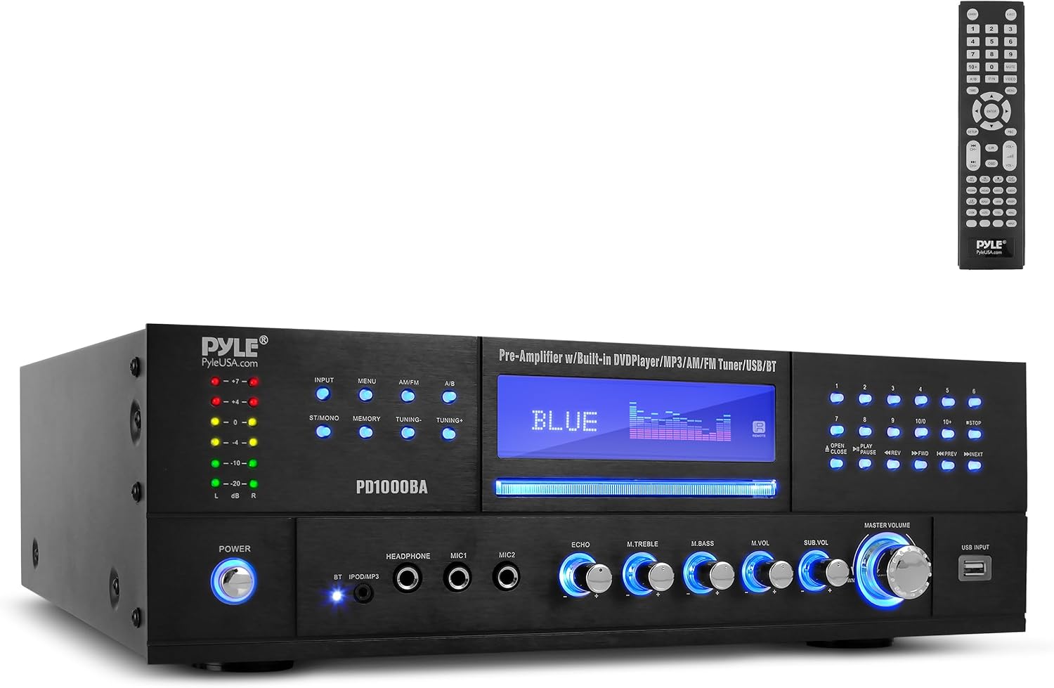 Pyle 4-Channel 1000W Power Amplifier with Bluetooth - Wireless Stereo Home Audio Receiver w/ Front Loading CD DVD Player, FM Radio, USB-A, Headphone